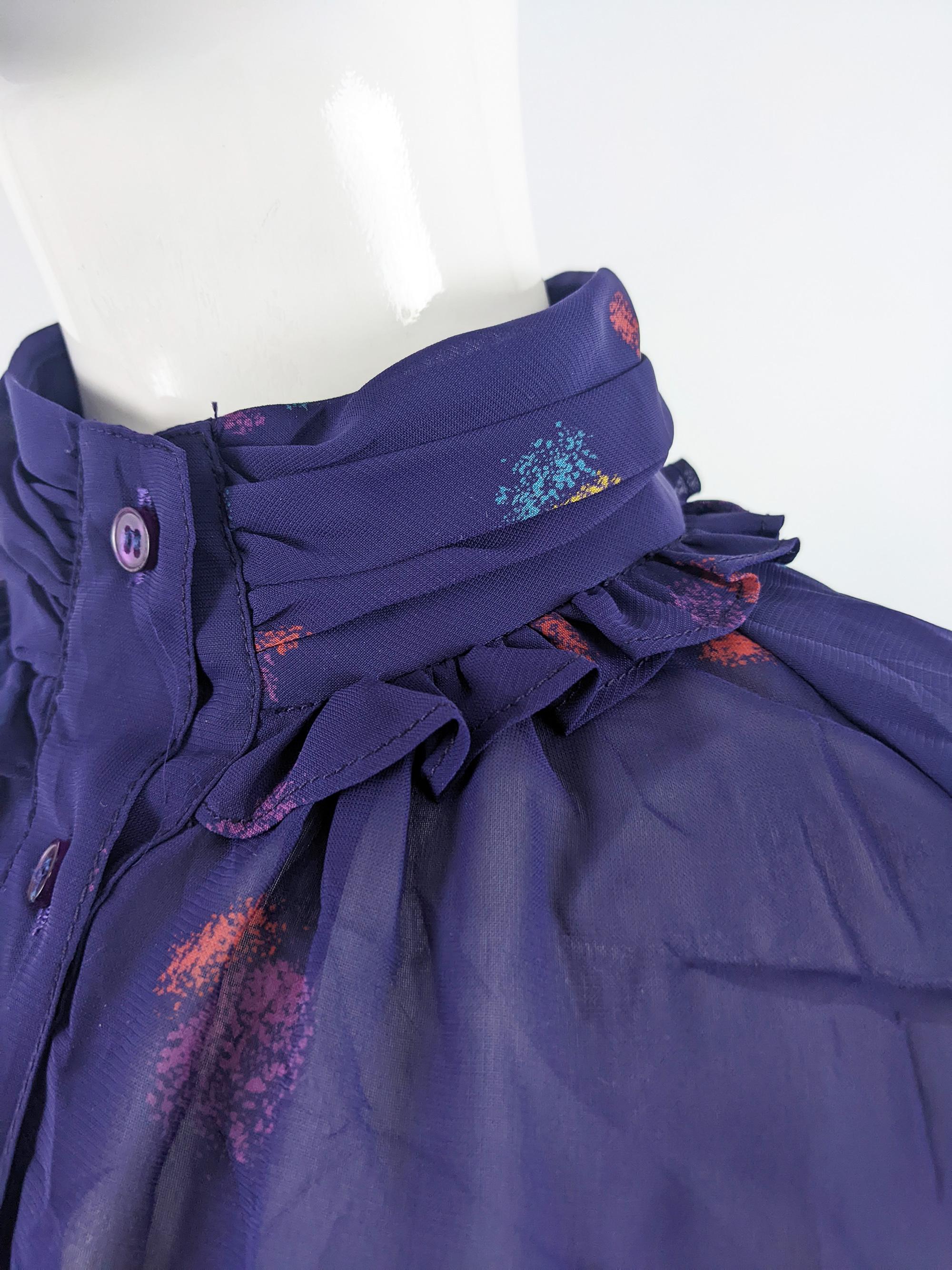 Aroche Paris Vintage 1970s Sheer Purple Ruffle Collar High Neck Shirt Dress In Excellent Condition For Sale In Doncaster, South Yorkshire