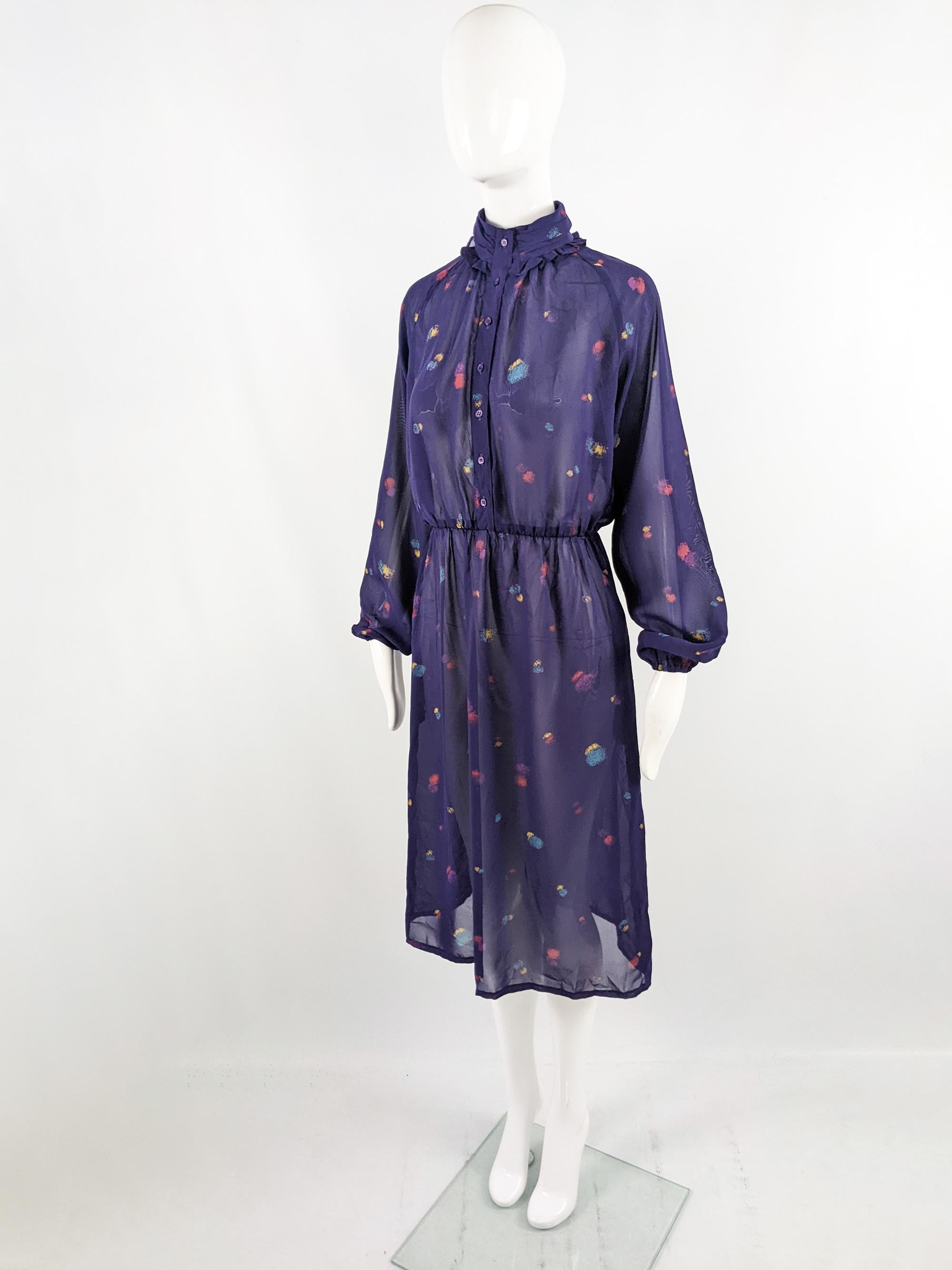 Women's Aroche Paris Vintage 1970s Sheer Purple Ruffle Collar High Neck Shirt Dress For Sale
