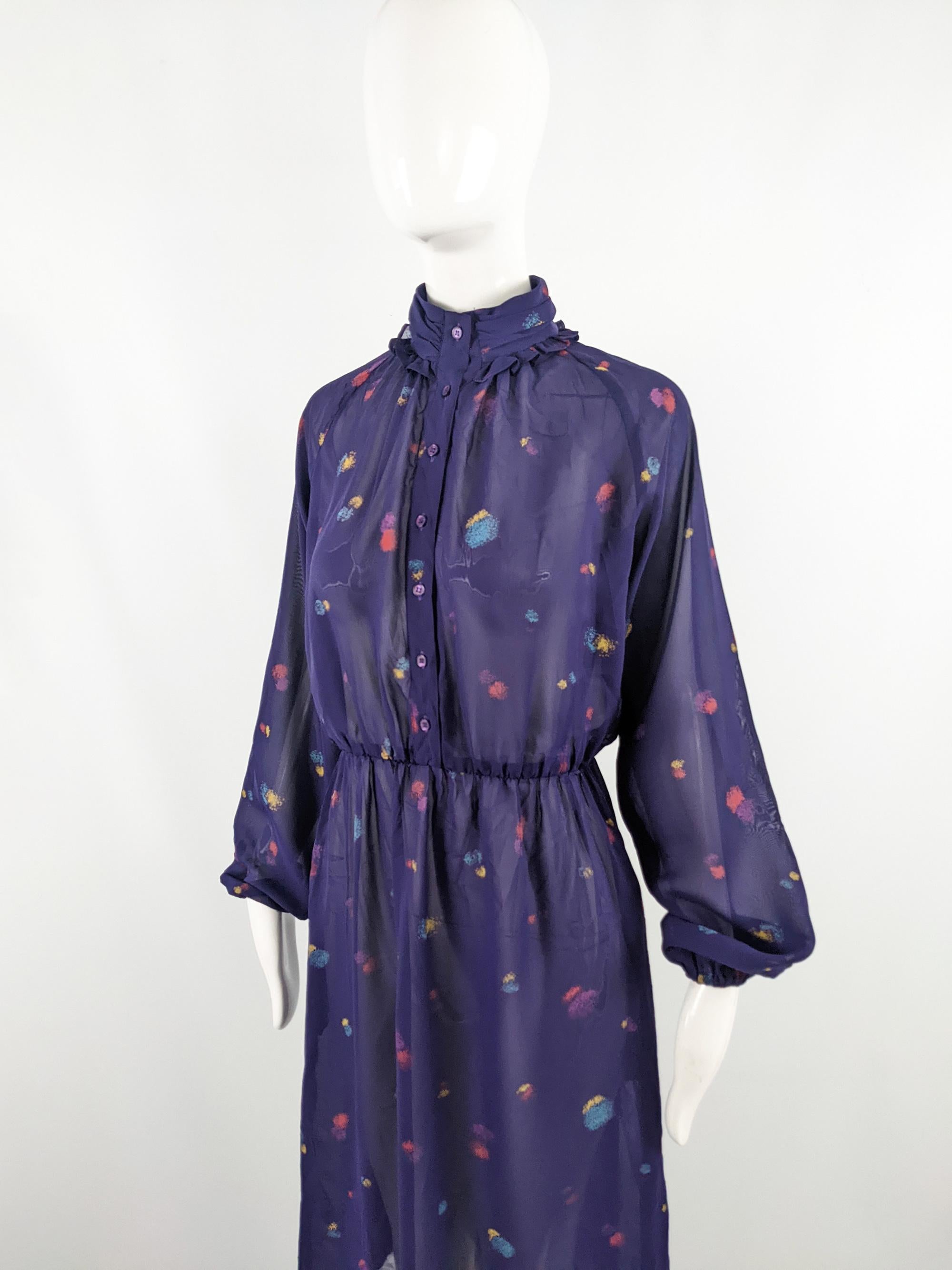 Aroche Paris Vintage 1970s Sheer Purple Ruffle Collar High Neck Shirt Dress For Sale 1