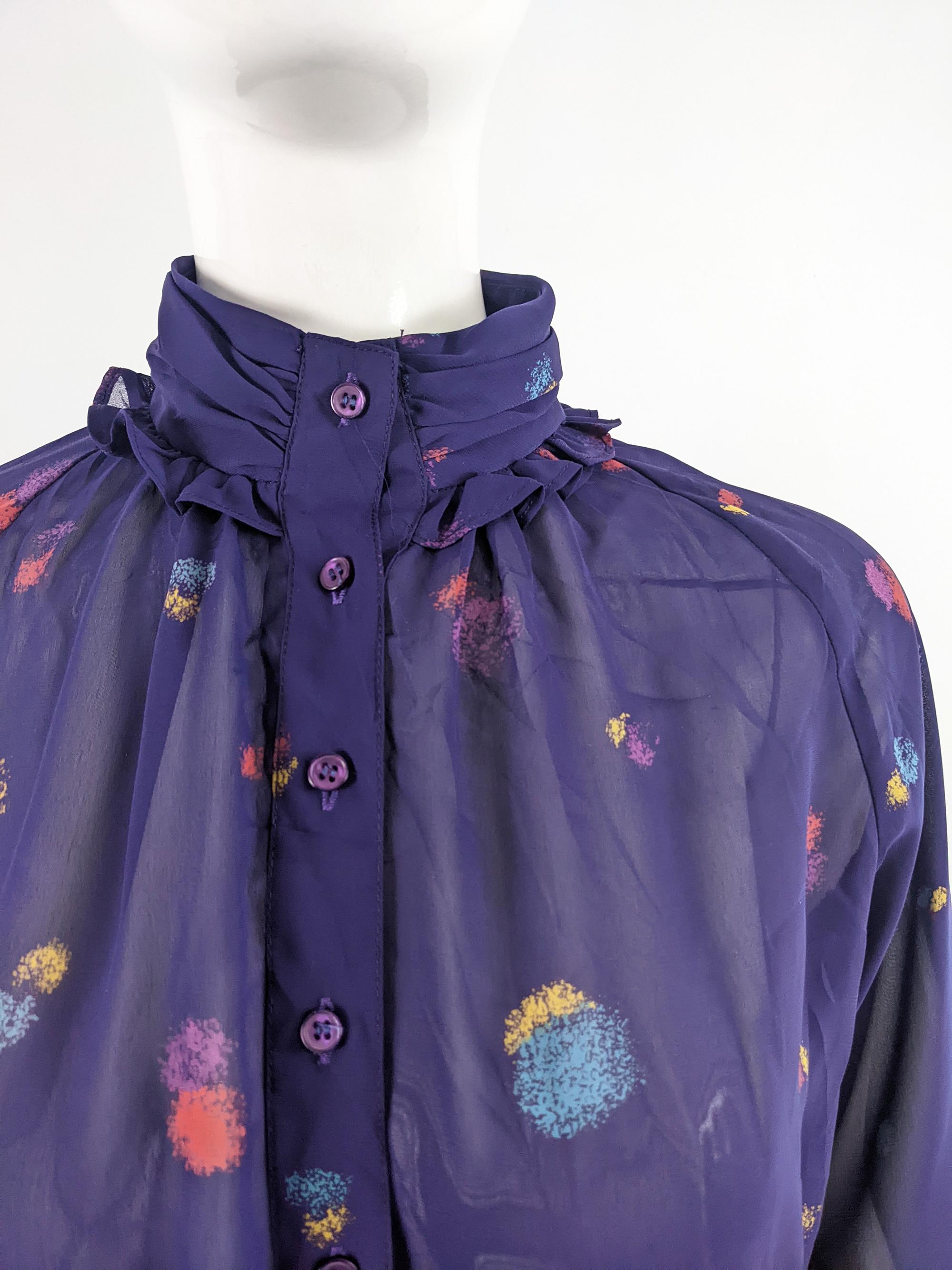 Aroche Paris Vintage 1970s Sheer Purple Ruffle Collar High Neck Shirt Dress For Sale 2