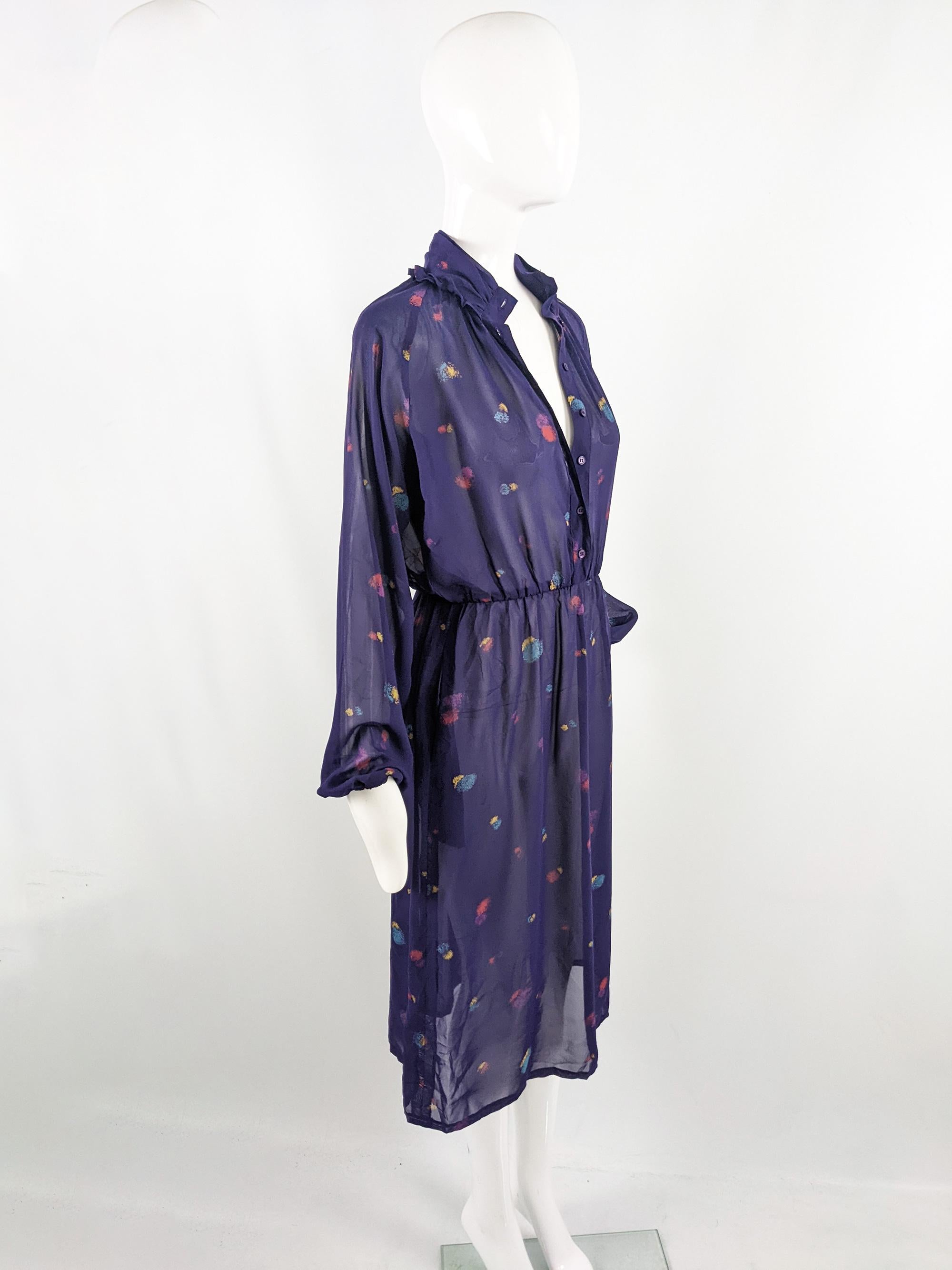 Aroche Paris Vintage 1970s Sheer Purple Ruffle Collar High Neck Shirt Dress For Sale 3