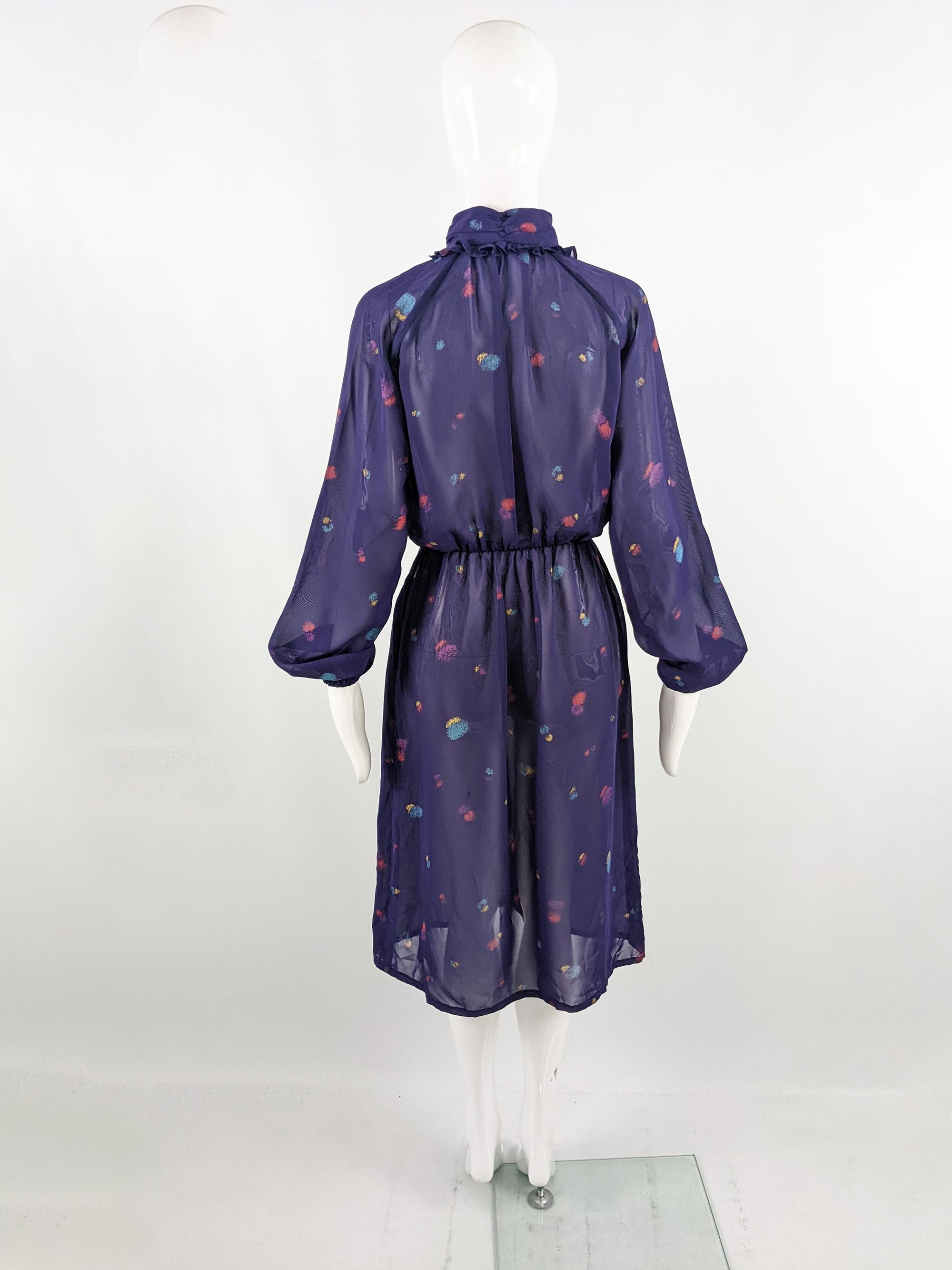 Aroche Paris Vintage 1970s Sheer Purple Ruffle Collar High Neck Shirt Dress For Sale 4