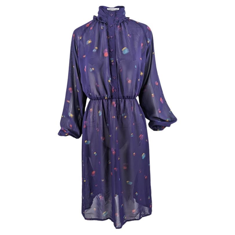 Aroche Paris Vintage 1970s Sheer Purple Ruffle Collar High Neck Shirt Dress For Sale
