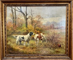 French landscape with pointers or Setters at point looking for a Pheasant