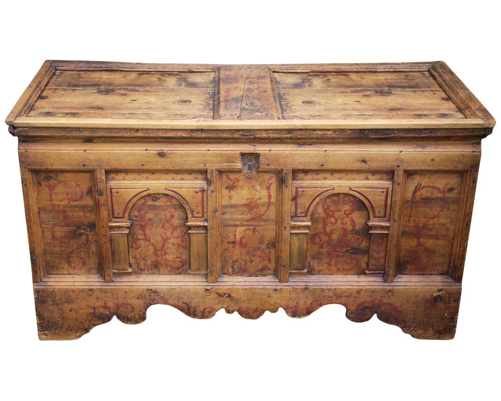 Italian Early 18th Century Blanket Chest, Painted Arolla Pine