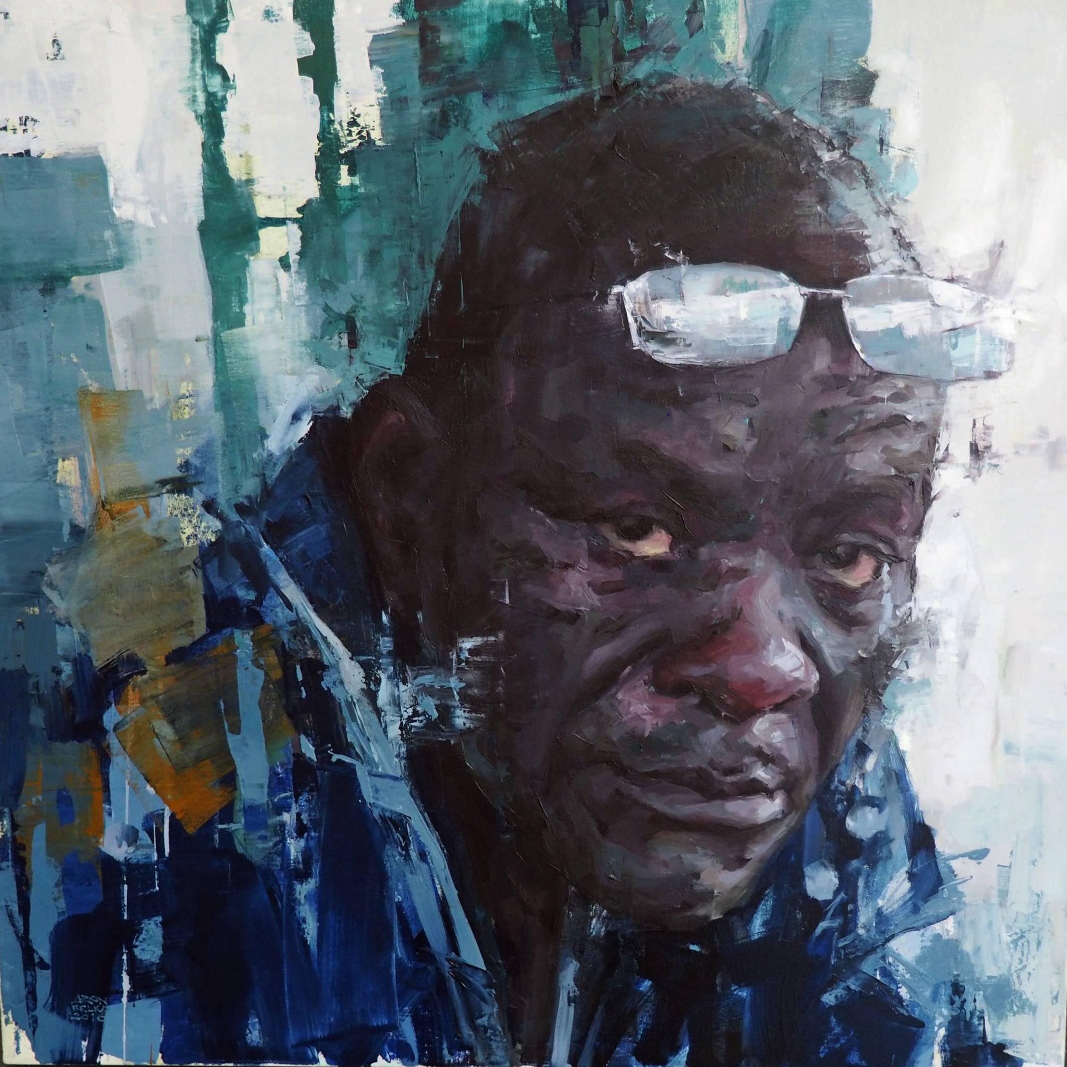 Original oil portrait by Aron Belka's. Portrait is of "Richard" from his series of paintings of Sierra Leoneans Signed bottom left "ARON BELKA 2016". Portrait is mainly tones of blue.