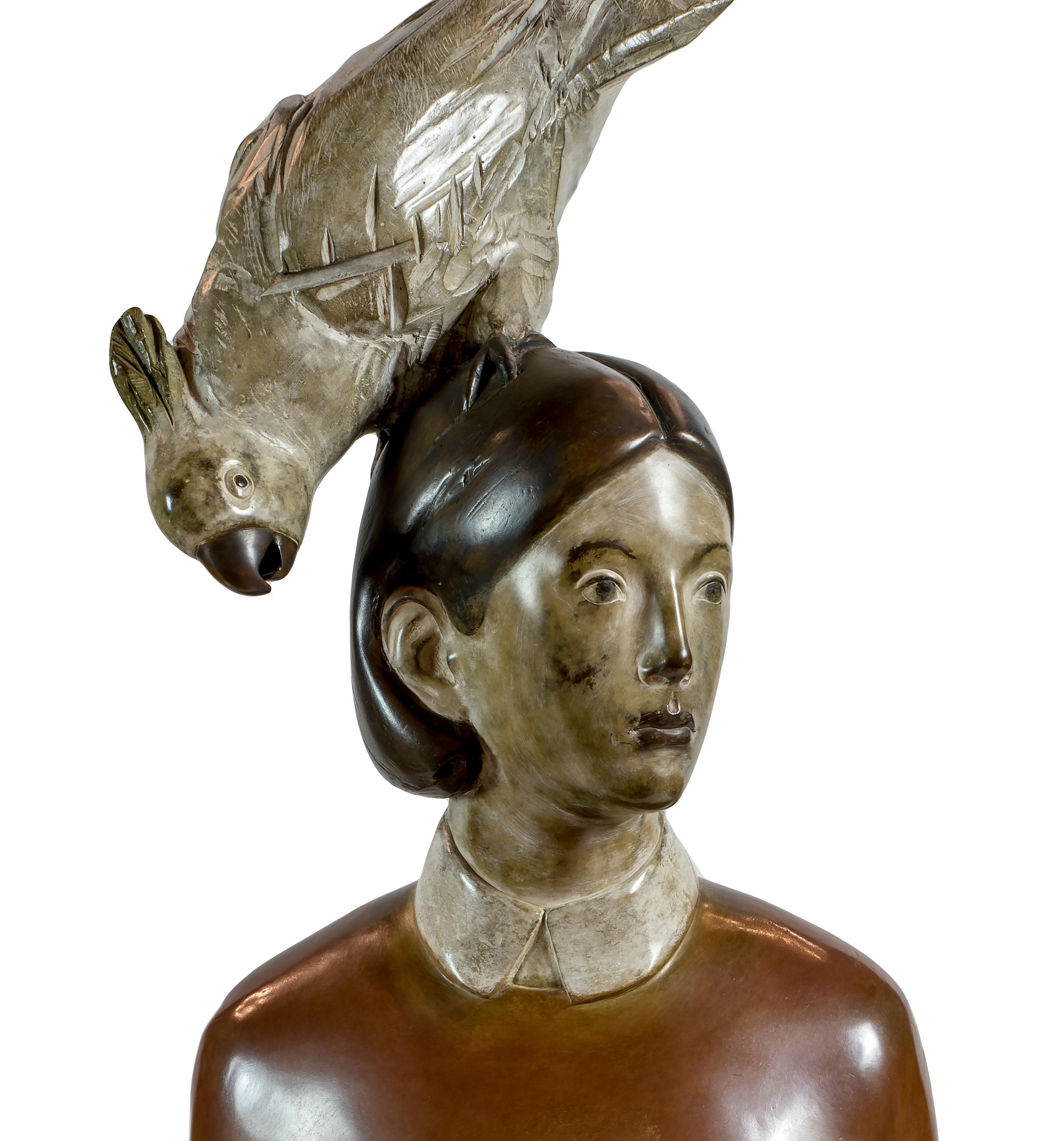 Woman with Parrot - Painted Bronze by Aron Demetz - 2000 3