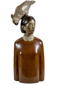 Woman with Parrot - Painted Bronze by Aron Demetz - 2000