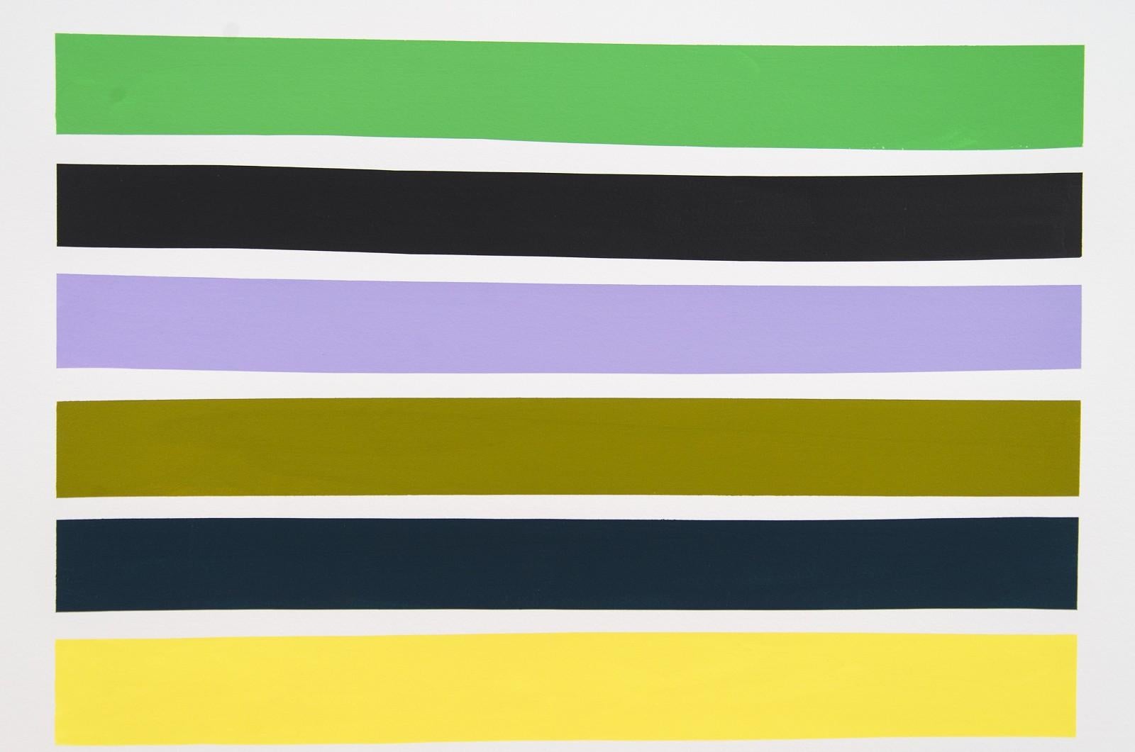 Calgary artist Aron Hill plays with a full range of bold, bright colours in this series of dramatic minimalist compositions. Bands of colour layered one above the other in blues, greens, orange, red and yellow accented with black dominate the