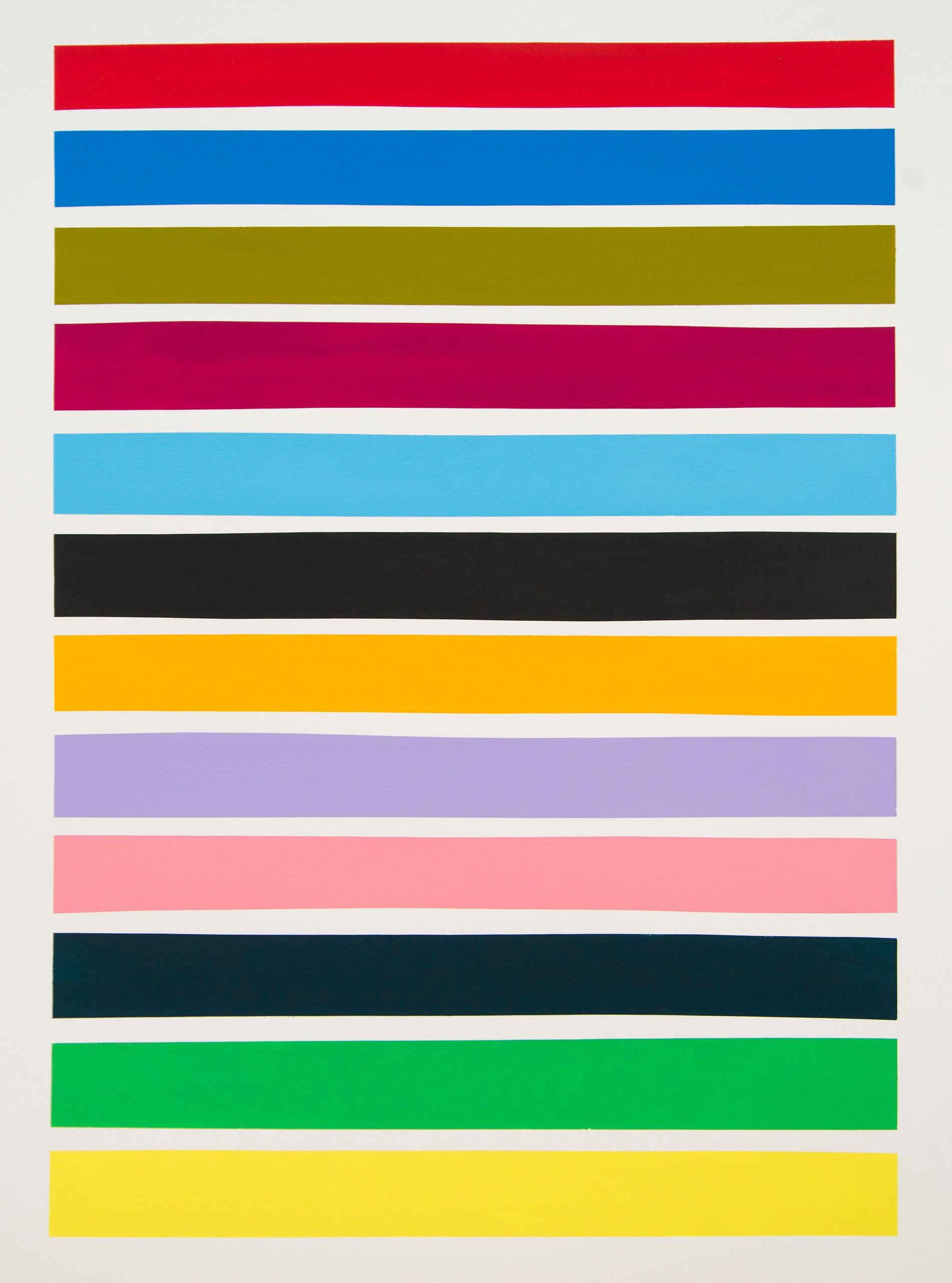 Aron Hill Abstract Painting - 12 Multicoloured Lines No.4 - bold, colorful, contemporary, acrylic on paper
