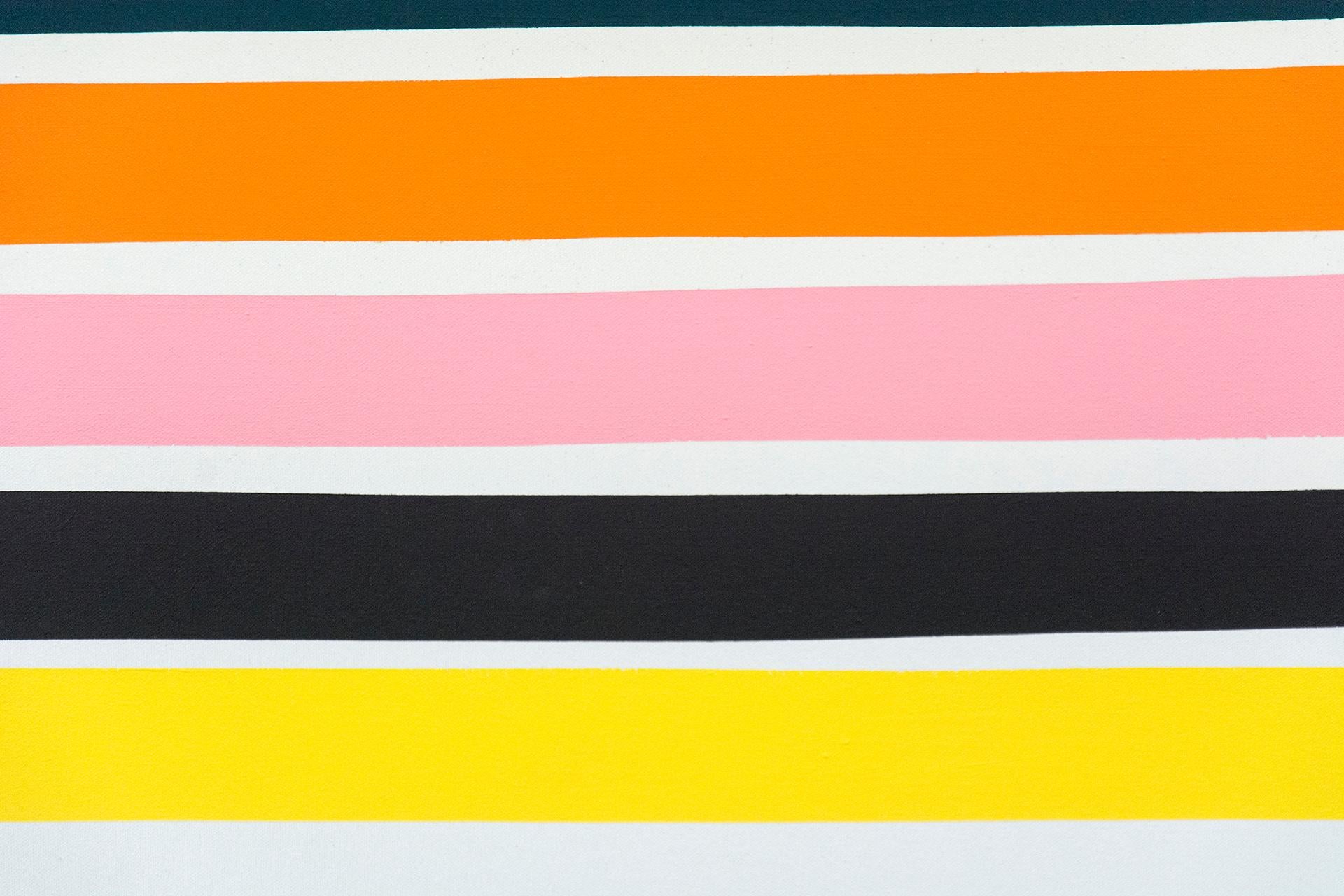 With vibrant acrylic stripes in pumpkin, lemon, sky blue, lime, rose and black on canvas, Aron Hill creates a cheerful and contemplative painting. This work may be grouped with a piece companion, 