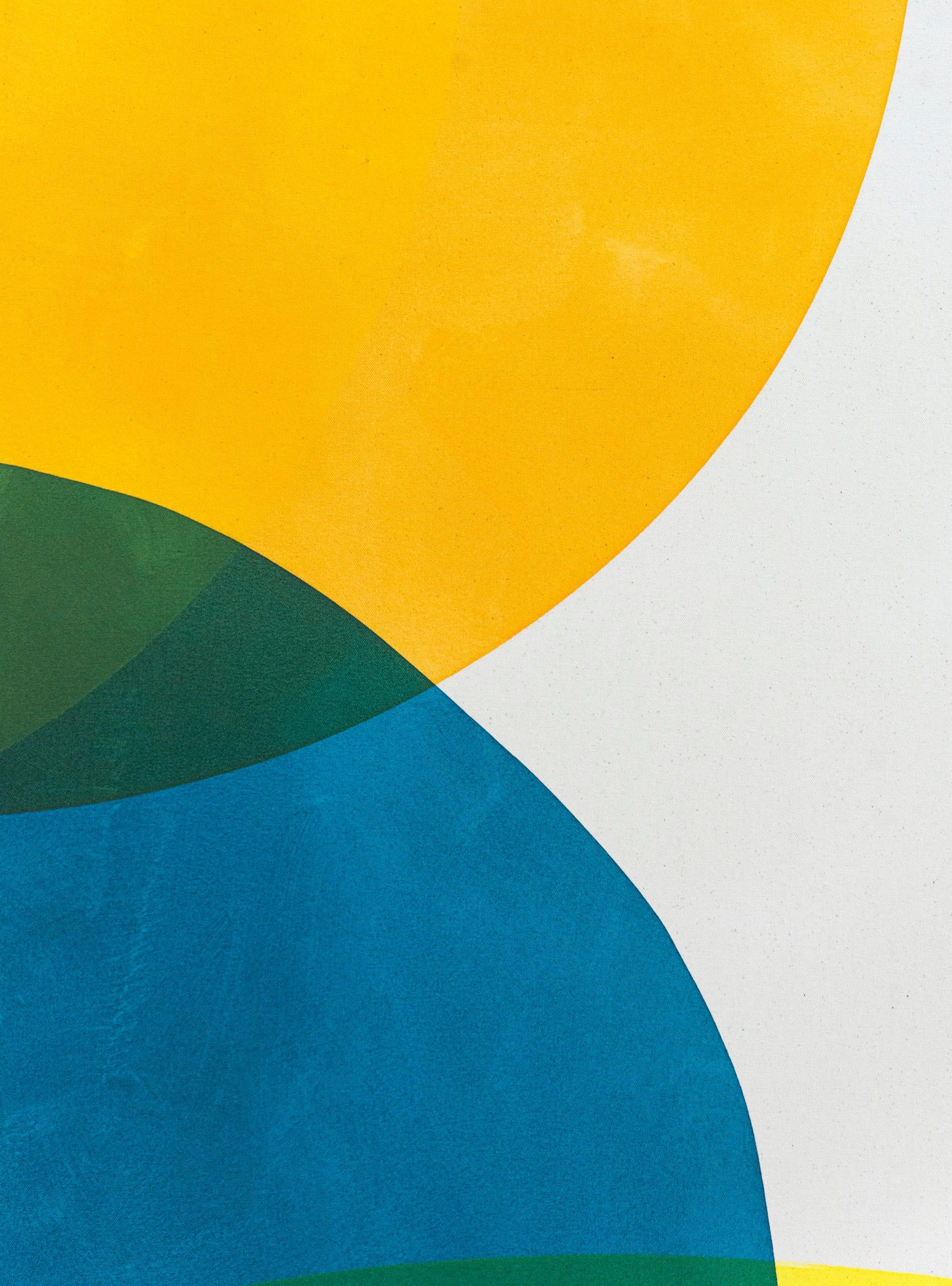 2 Yellow Suns - Bright circular shapes of blue, yellow, red and magenta  - Contemporary Painting by Aron Hill