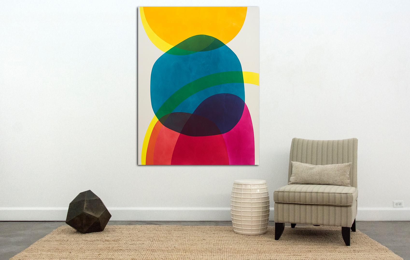 2 Yellow Suns - Bright circular shapes of blue, yellow, red and magenta  - Orange Abstract Painting by Aron Hill