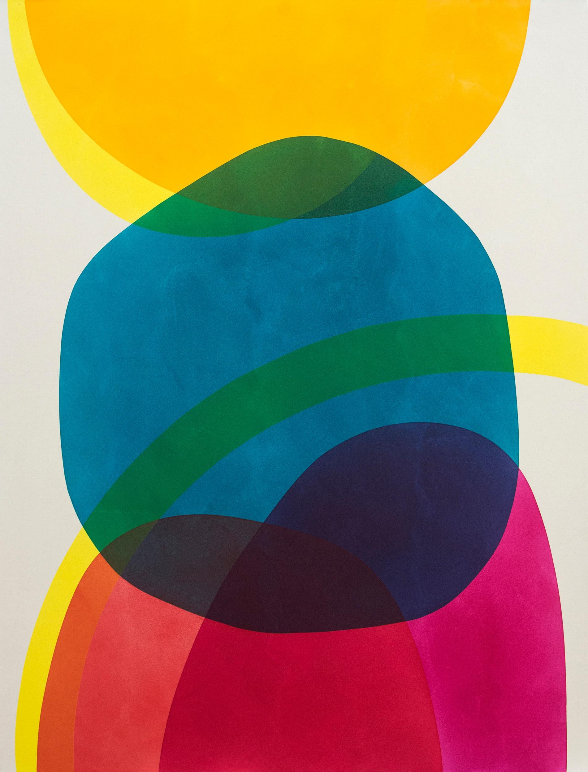 Aron Hill Abstract Painting - 2 Yellow Suns - Bright circular shapes of blue, yellow, red and magenta 