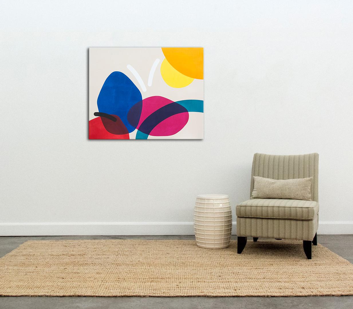 2 Yellow Suns with Red and Blue - Circular, oblong, and arched forms - Beige Abstract Painting by Aron Hill