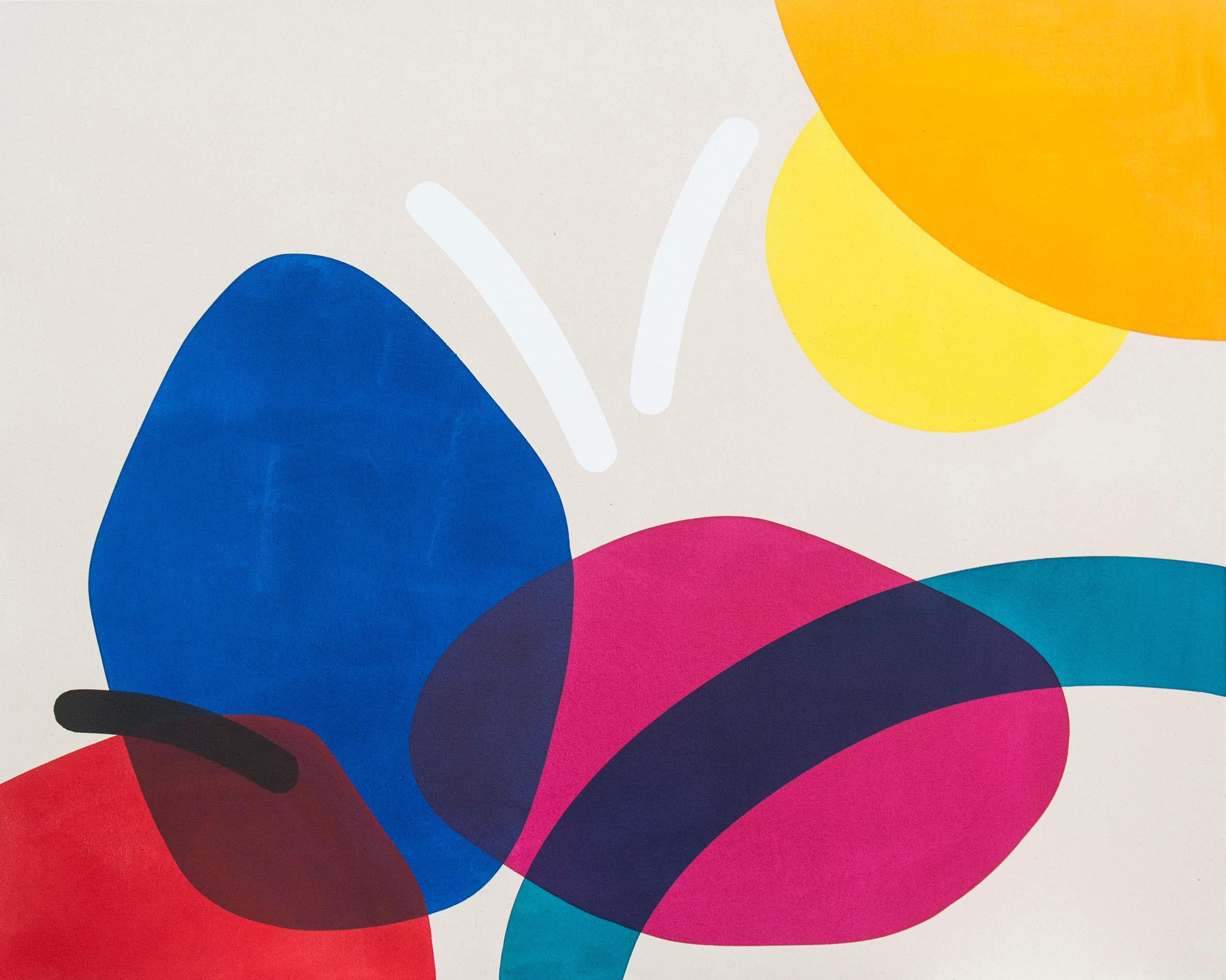 Aron Hill Abstract Painting - 2 Yellow Suns with Red and Blue - Circular, oblong, and arched forms