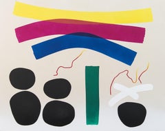 5 Rocks with Rainbow - bright, colorful, intersecting shapes, abstract on canvas