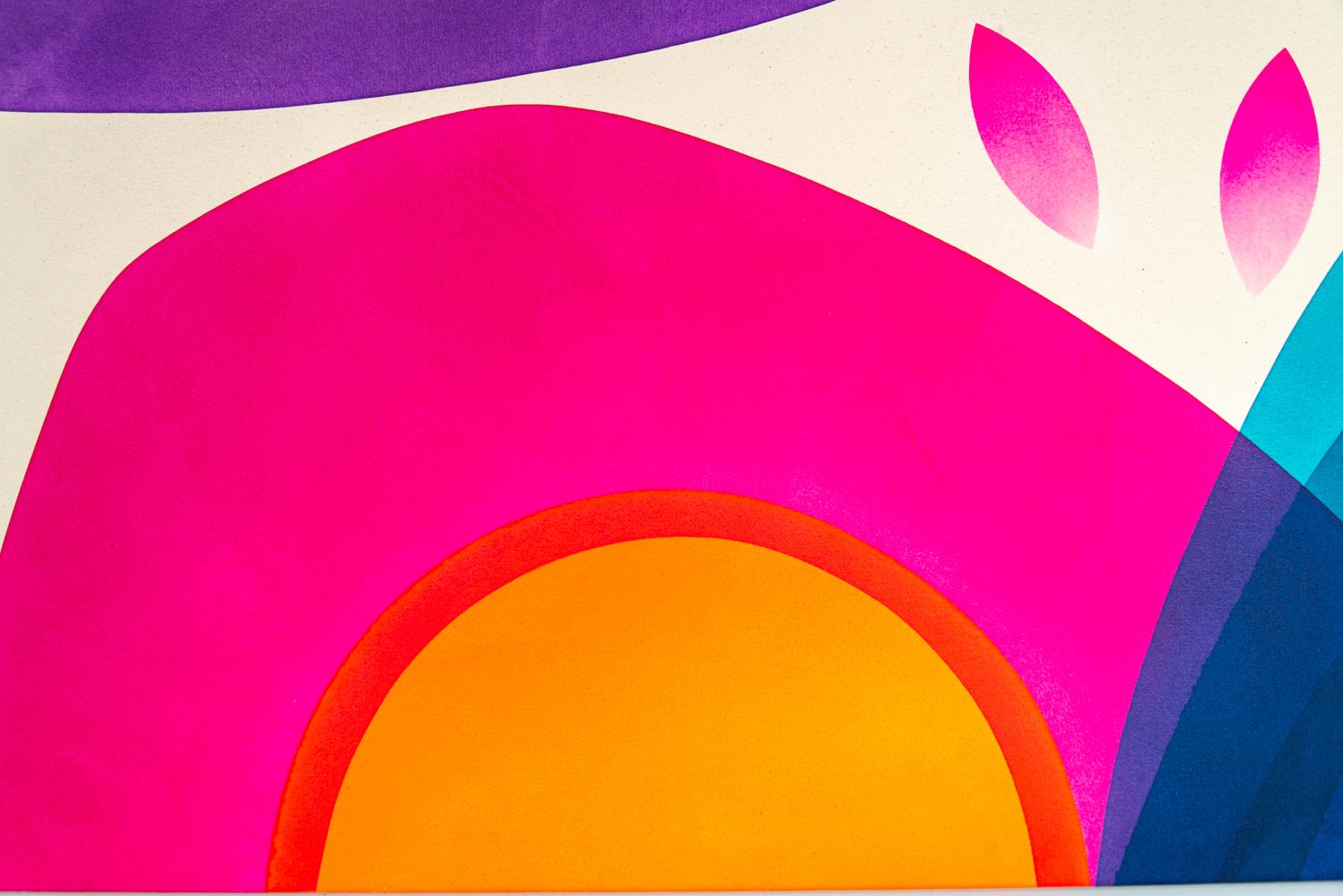 Colour—bright pink, orange, purple, yellow, turquoise and mustard pops in this new abstract work by Calgary artist Aron Hill. Bold shapes float across the canvas…the yellow sun in the corner, seven pink leaves dance in the center. Hill is known for