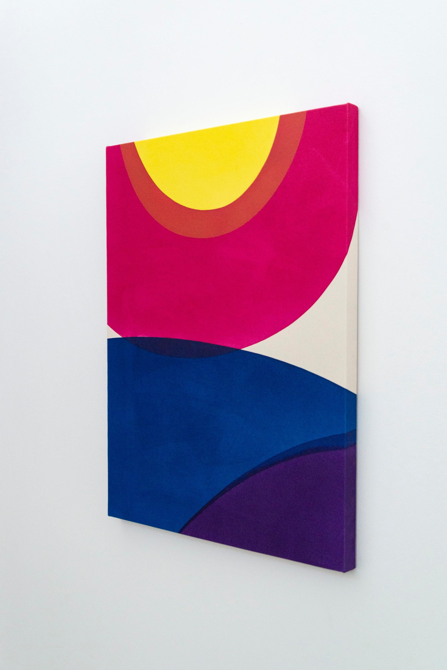 The colours are bright—yellow, pink, deep blue, the shapes pure and the relationships dynamic. This is Aron Hill, a Calgary artist. In this playful composition swaths of transparent colour overlap, a sun-shaped form appears, white space plays off