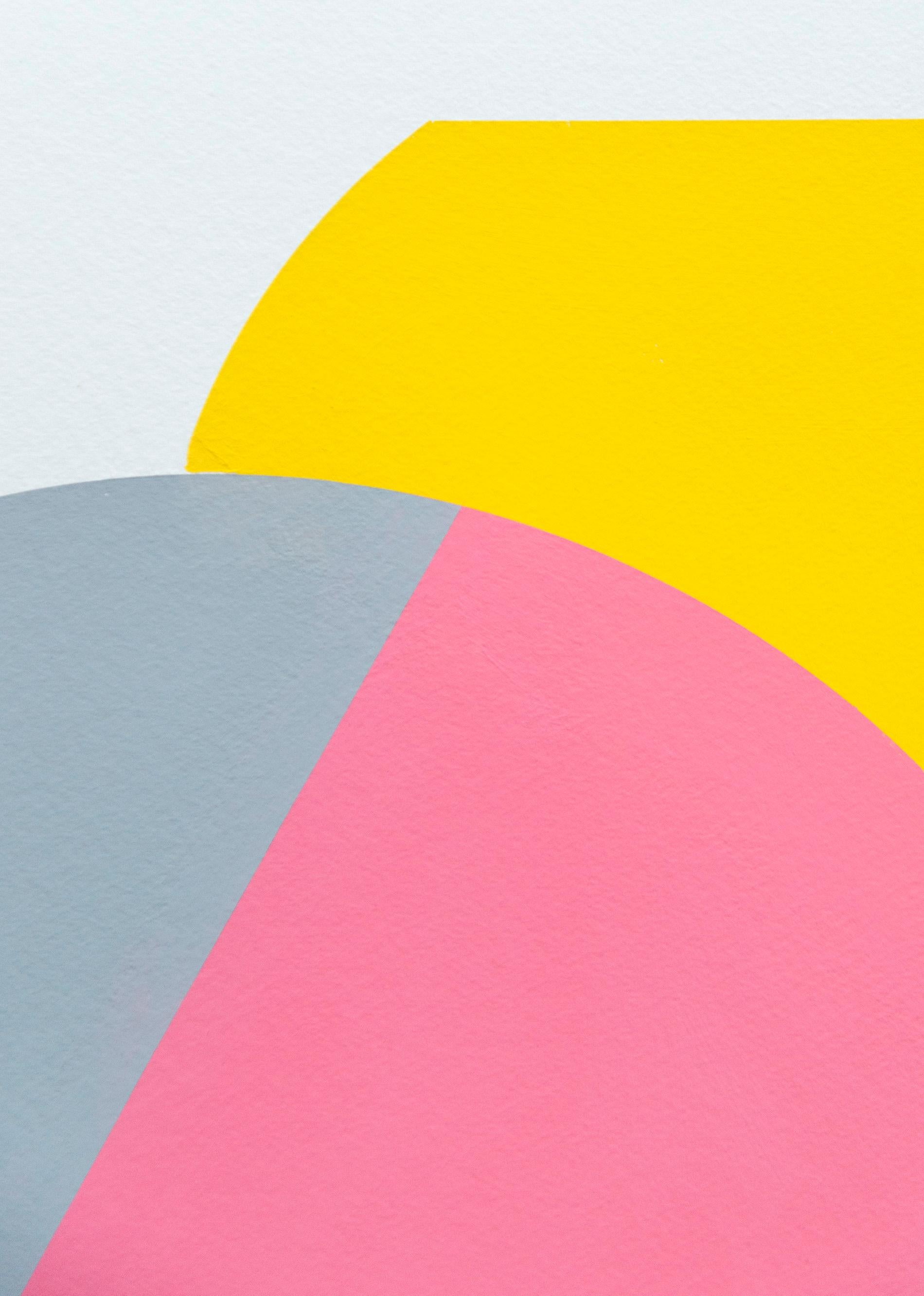 Aron Hill’s fresh, modern ‘take’ on landscapes continues with a new series of works on paper. Known for their bold form and bright colour palette, this piece also incorporates an architectural element—an arched window. Hill often uses the sun as a