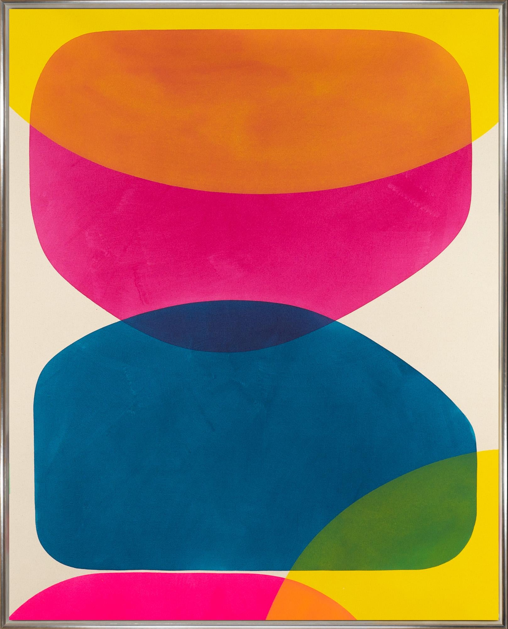 Aron Hill Abstract Painting - "A Change of Season with Pink and Yellow" Vibrant Abstract with Shapes