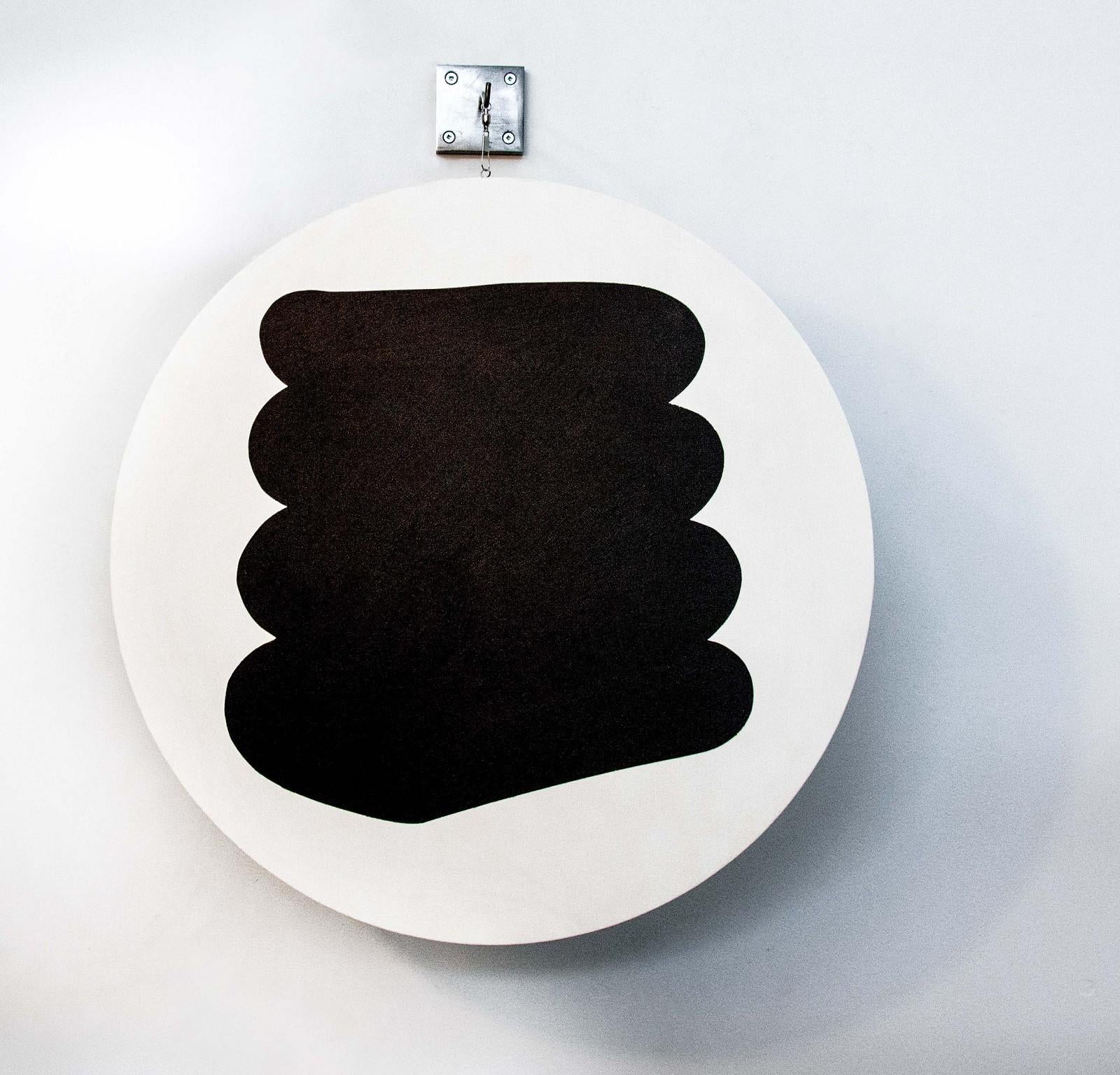 A Group of 3 Rounds containing various Black Shapes - hanging wall sculpture - Contemporary Sculpture by Aron Hill