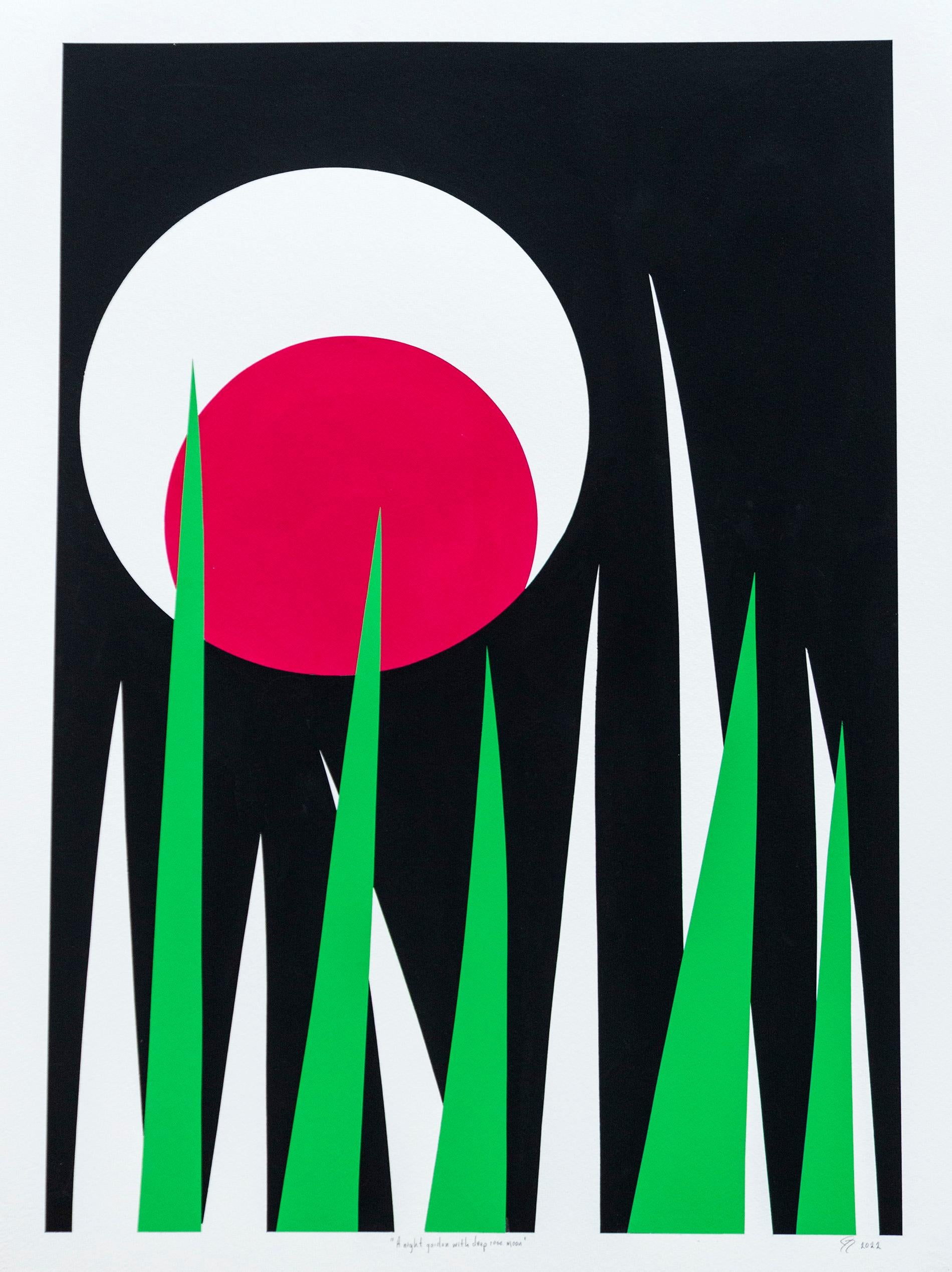 A Night Garden with Deep Rose Moon  - bold, minimal, abstract, acrylic on paper - Painting by Aron Hill