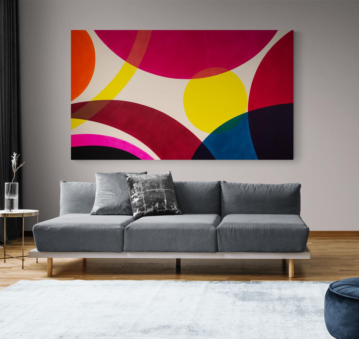 Negro y rosa sin sol amarillo - colorido, abstracto, acrílico sobre lienzo en venta 5