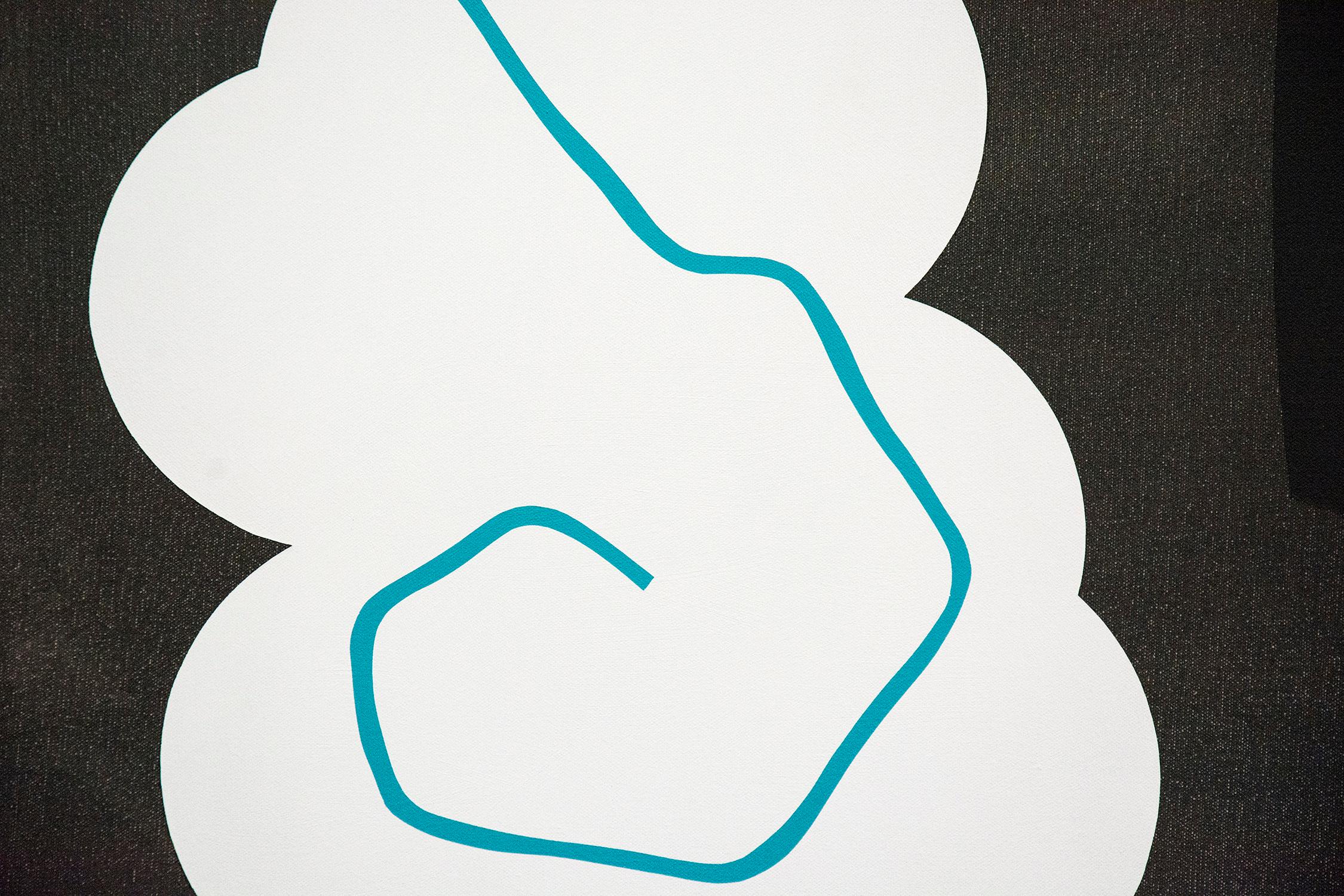 Black Painting with White Cloud - playful intersecting abstract shapes on canvas For Sale 3