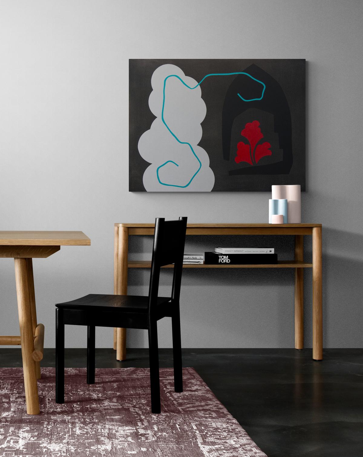 Black Painting with White Cloud - playful intersecting abstract shapes on canvas For Sale 4