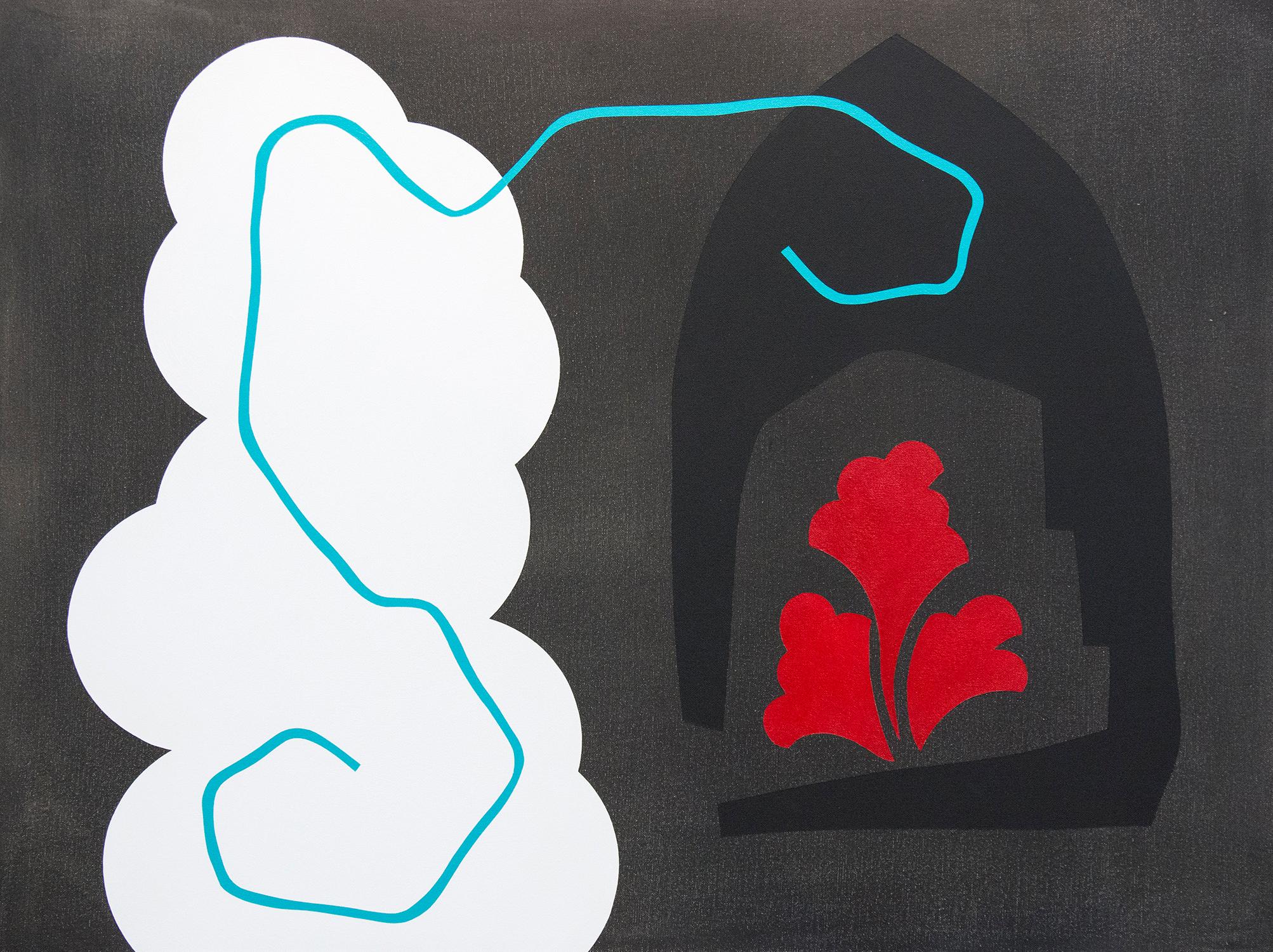 Pittura nera con nuvola bianca - forme astratte che si intersecano in modo giocoso su tela - Painting di Aron Hill