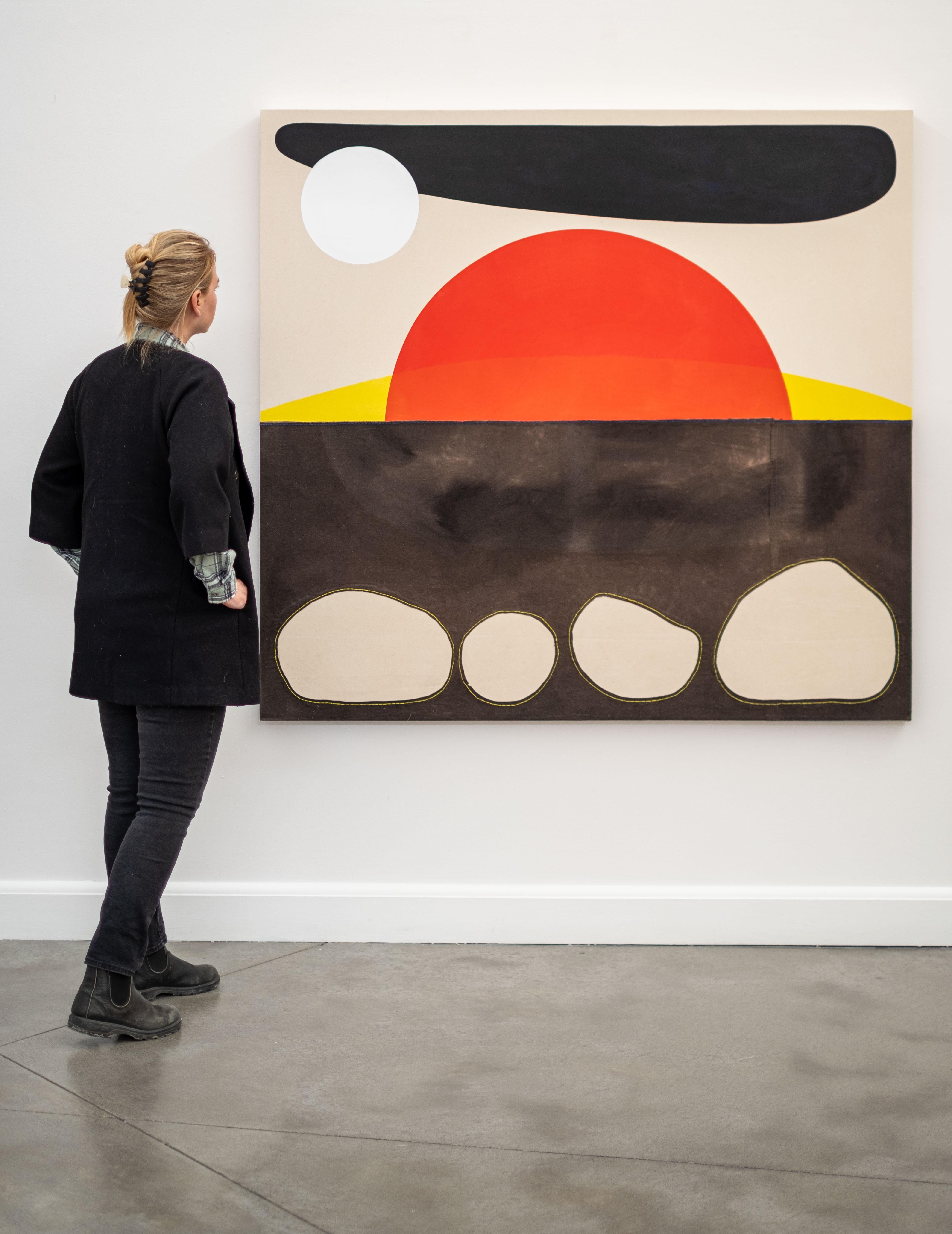 Sol rojo sangre con luna sobre 4 rocas - abstracto, paisaje, acrílico sobre lienzo en venta 7