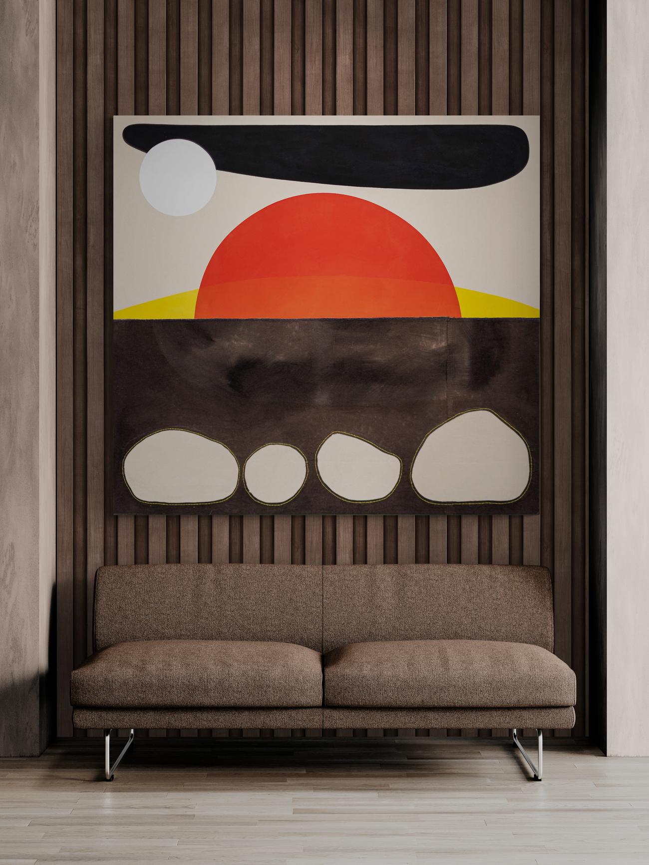 Sol rojo sangre con luna sobre 4 rocas - abstracto, paisaje, acrílico sobre lienzo en venta 10