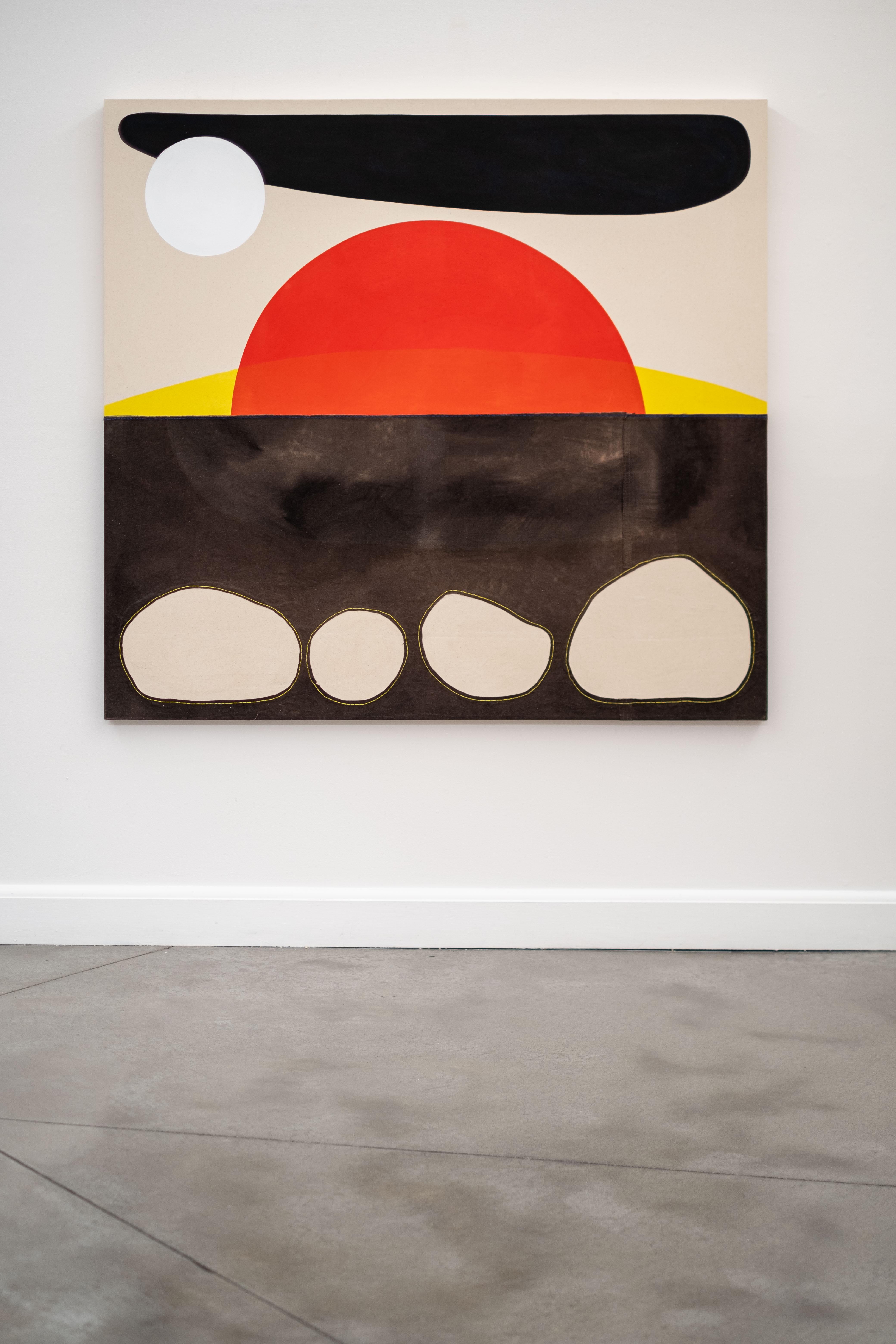 Sol rojo sangre con luna sobre 4 rocas - abstracto, paisaje, acrílico sobre lienzo - Painting de Aron Hill