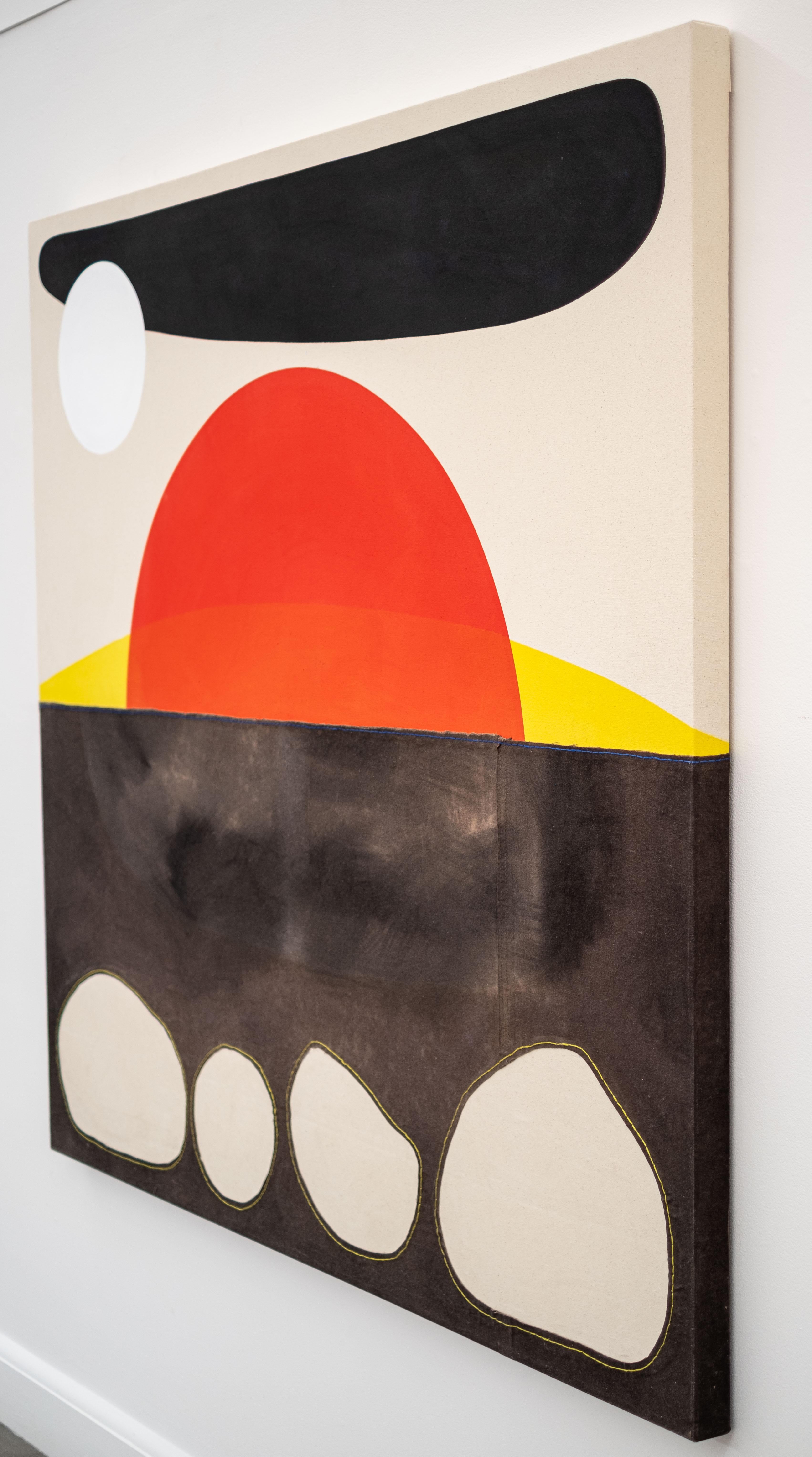 Die blutrote Sonne mit Mond über 4 Felsen – abstrakt, Landschaft, Acryl auf Leinwand 1
