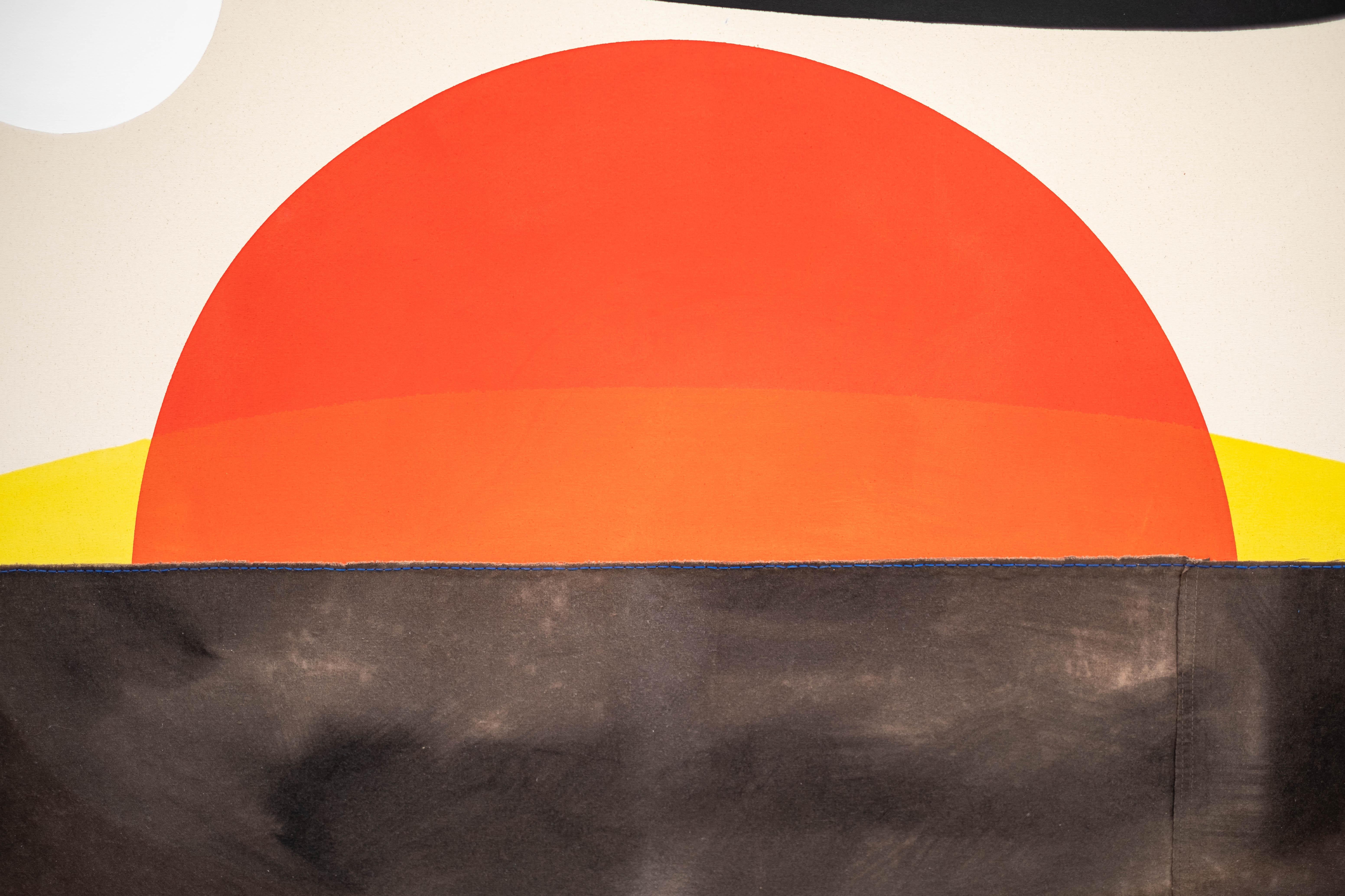 Sol rojo sangre con luna sobre 4 rocas - abstracto, paisaje, acrílico sobre lienzo en venta 2