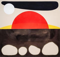 Sol rojo sangre con luna sobre 4 rocas - abstracto, paisaje, acrílico sobre lienzo