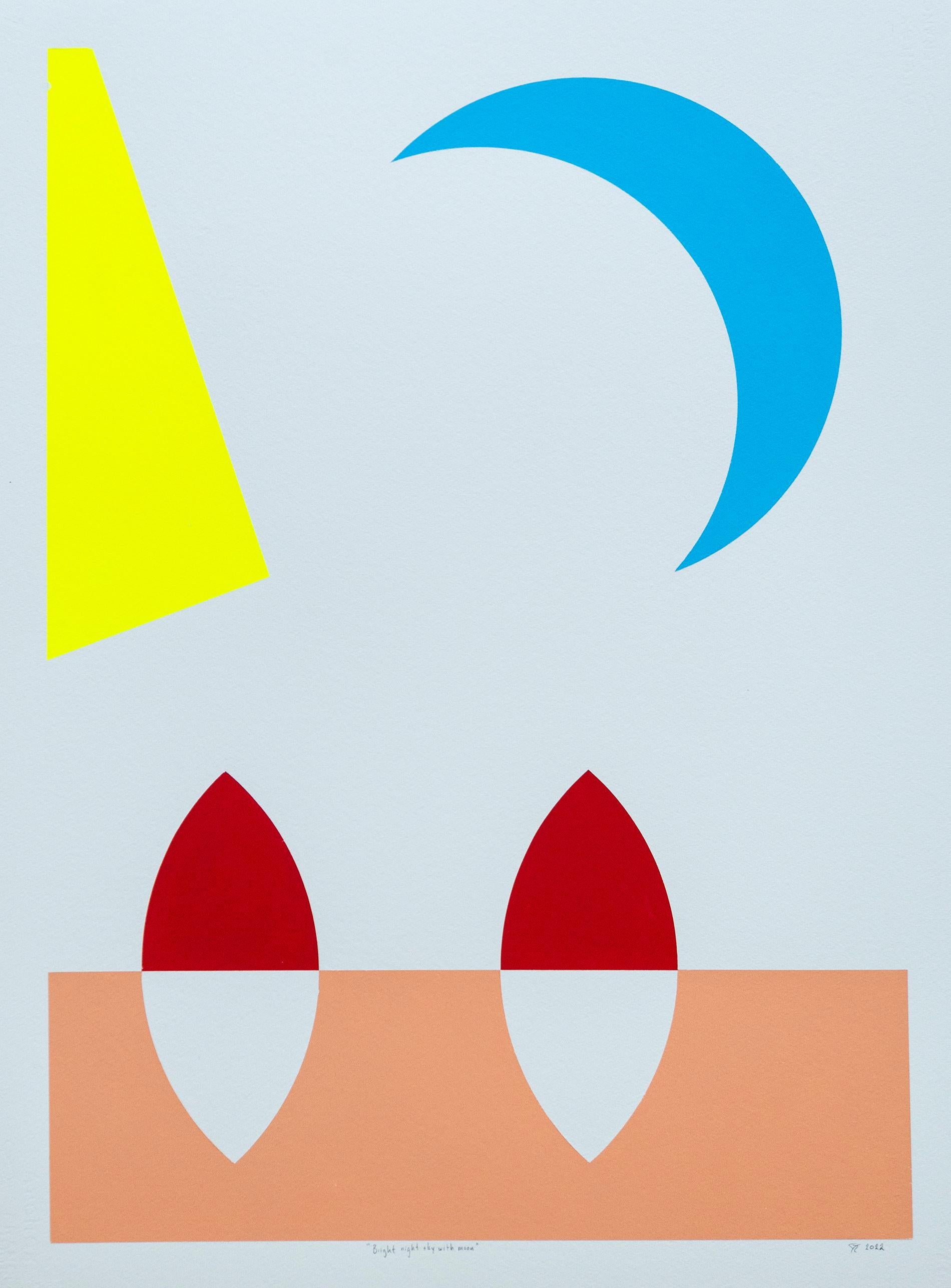 Bright Night Sky with Moon - colorful, minimalist, abstract, acrylic on paper - Painting by Aron Hill