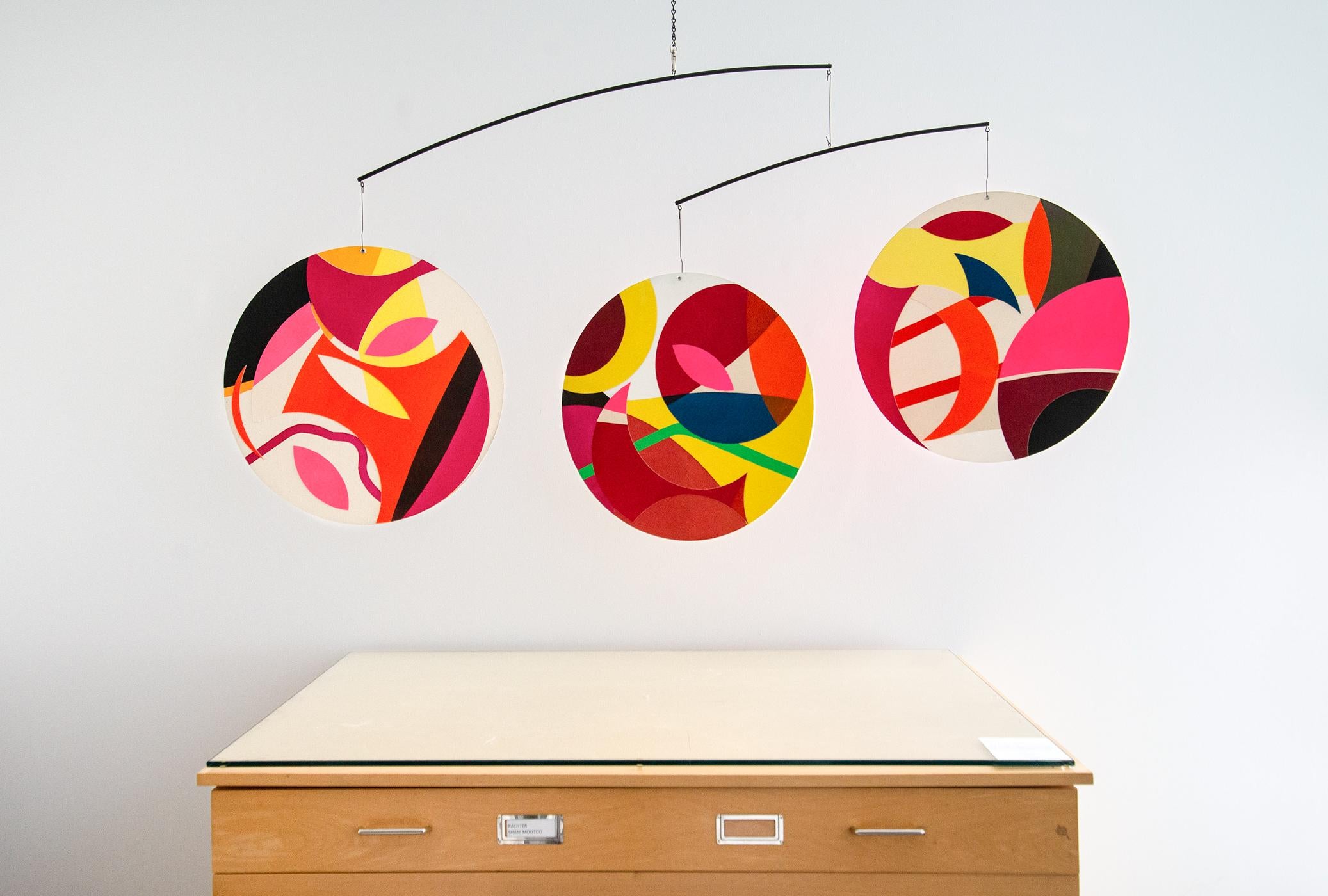 Collaged Geometric Disc Mobile - Abstract, Colourful, Canvas and Board Mobile - Sculpture by Aron Hill