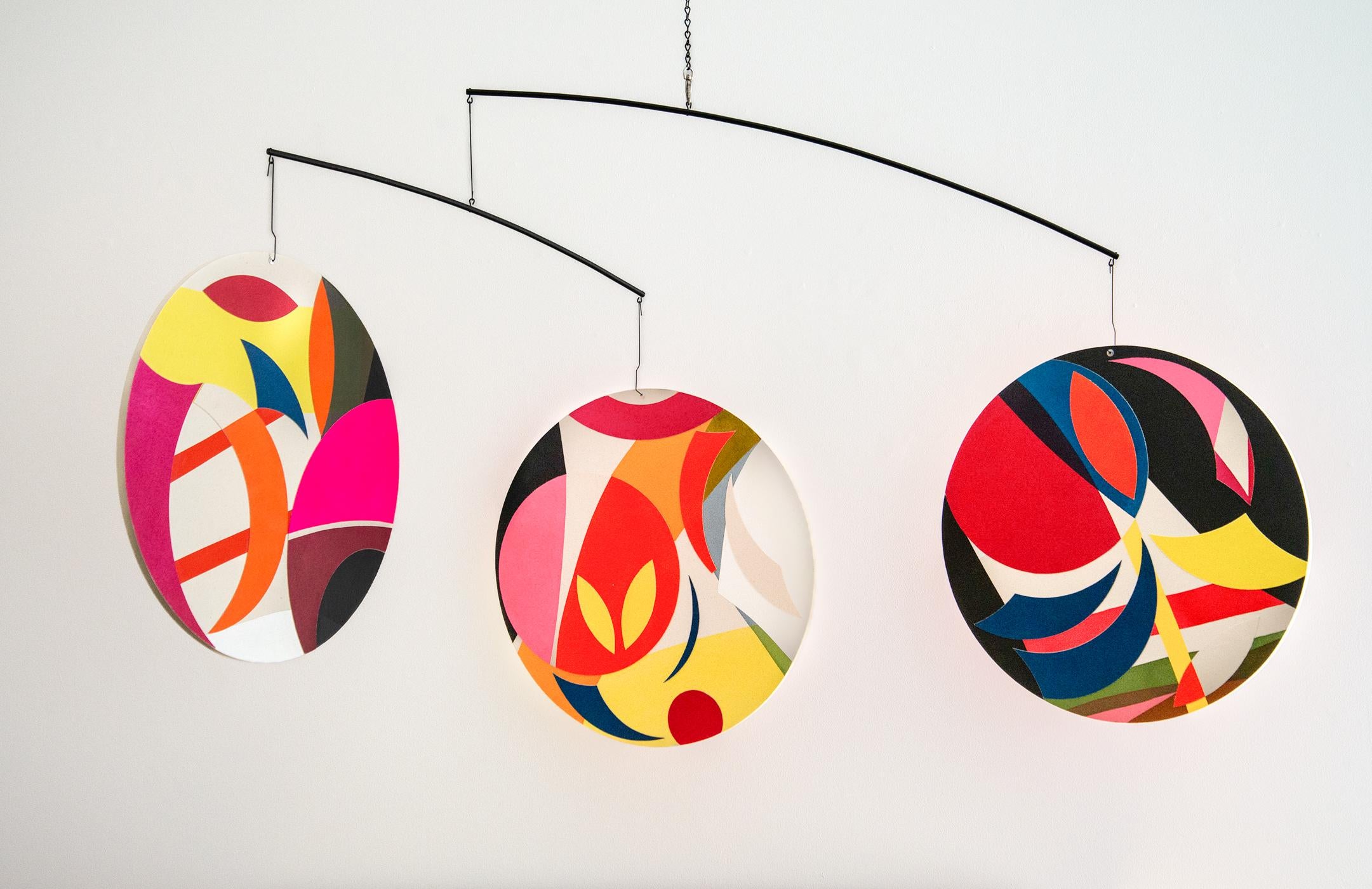 Collaged Geometric Disc Mobile - Abstract, Colourful, Canvas and Board Mobile For Sale 2