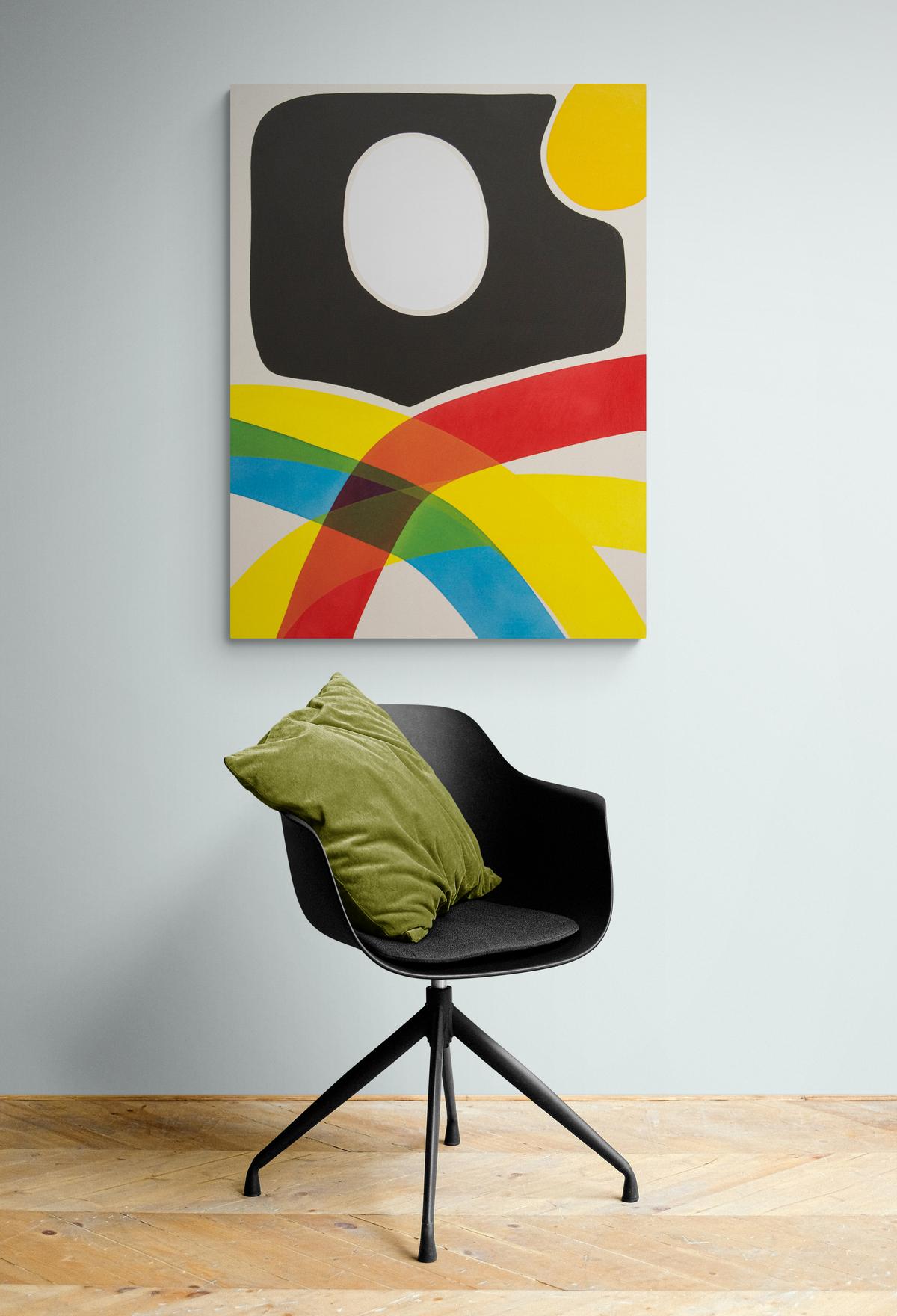 Cutout With White and Yellow - colorful, intersecting abstract shapes on canvas For Sale 4