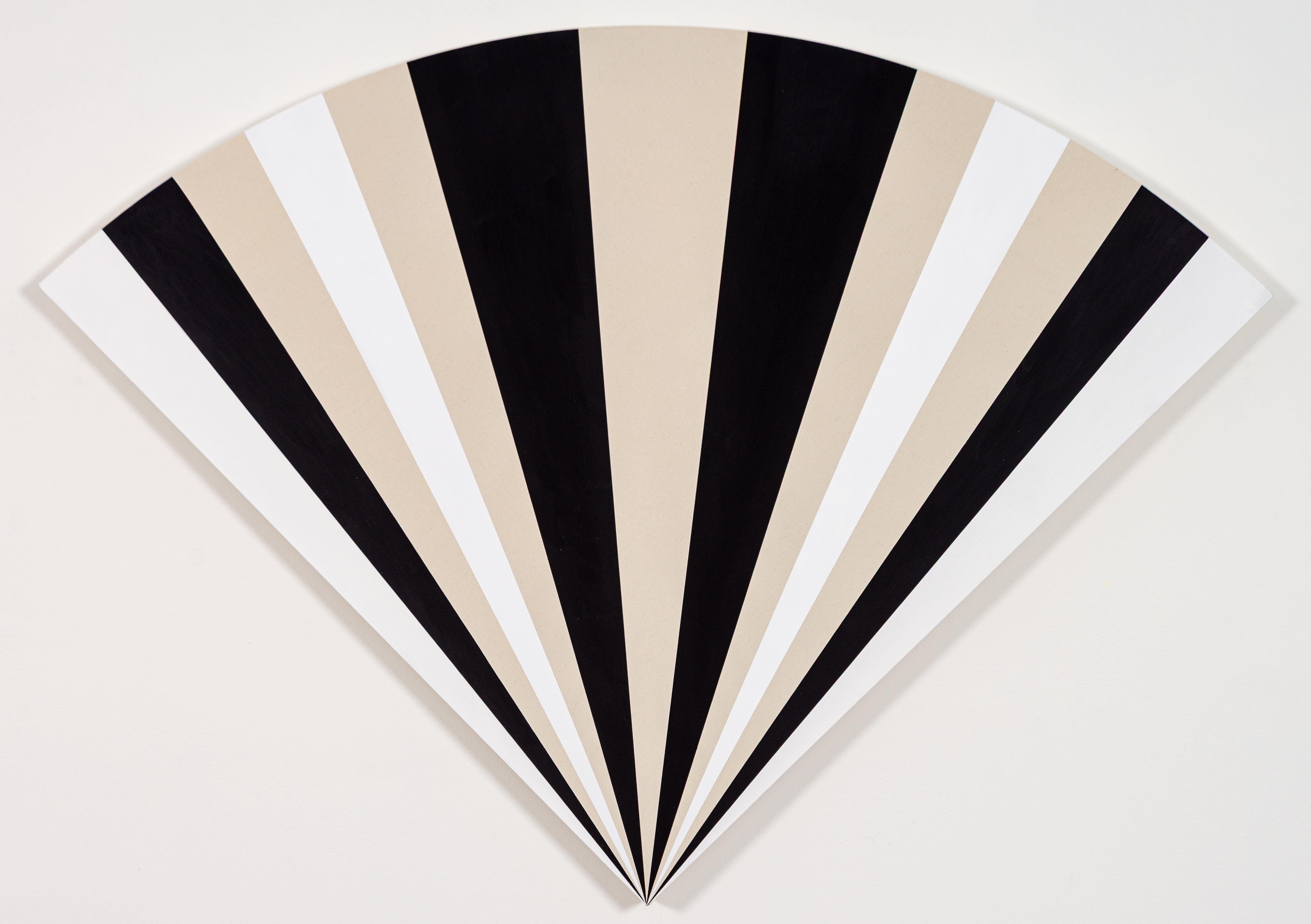 This modern graphic painting in a fan shape is in black, white and taupe.

This bold, graphic painting is by Calgary's Aron Hill. The Canadian artist's eclectic contemporary artwork has been exhibited and sold in Canada and abroad. Highly regarded