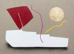 Gold Circle With Magenta and Yellow Strings - playful abstract on linen