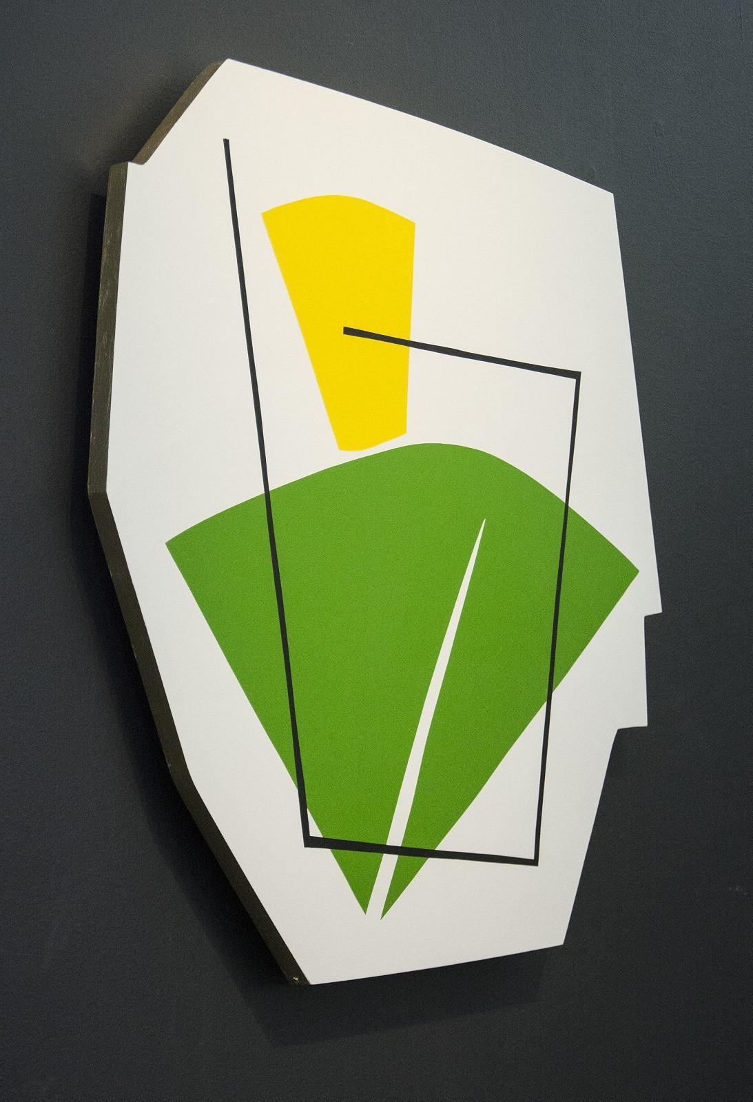 Green & Yellow Shape - fun, colourful, gold leaf edge, acrylic on shaped panel - Painting by Aron Hill