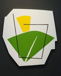 Green & Yellow Shape - fun, colourful, gold leaf edge, acrylic on shaped panel