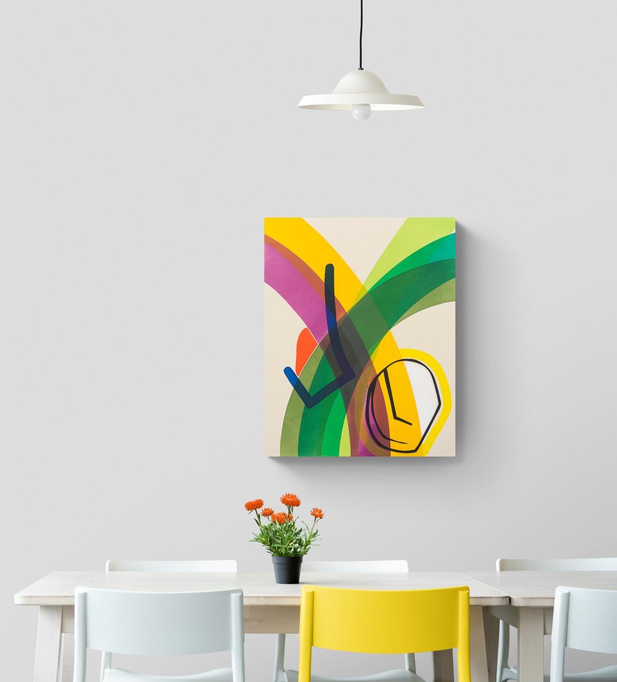 Head With Blue Line No 1 - colorful, intersecting abstract shapes on canvas - Orange Abstract Painting by Aron Hill