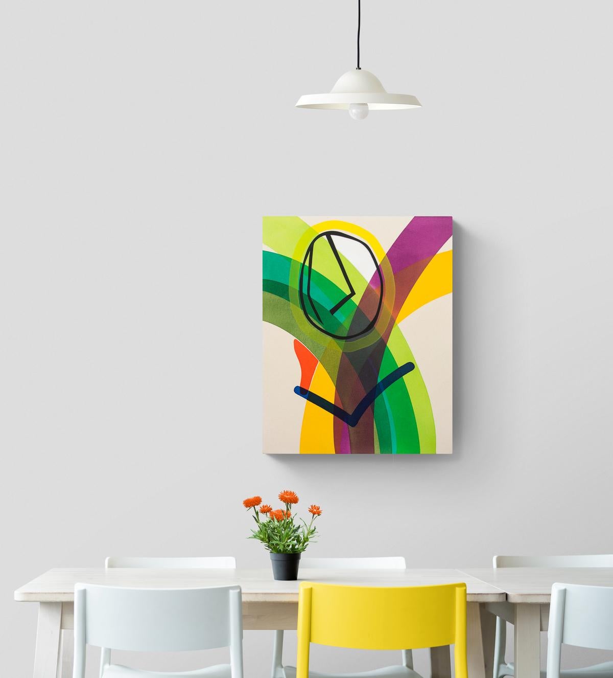 This engaging figurative piece in bold abstract shapes and brilliant colours was painted by Aron Hill. The Calgary artist uses arcs of pure colour—purple, lime green, turquoise and forest green to intersect with a head-like shape outlined in deep