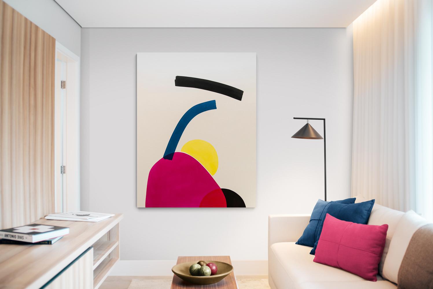 Hiding Sun with Black - bright, colorful, intersecting abstract shapes on canvas - White Abstract Painting by Aron Hill