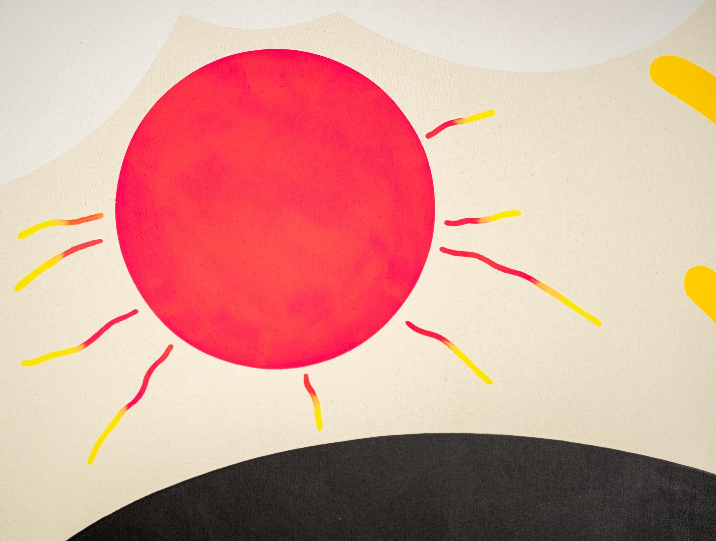 Sole caldo con uccelli - minimalista, contemporaneo, astratto, acrilico su tela in vendita 1