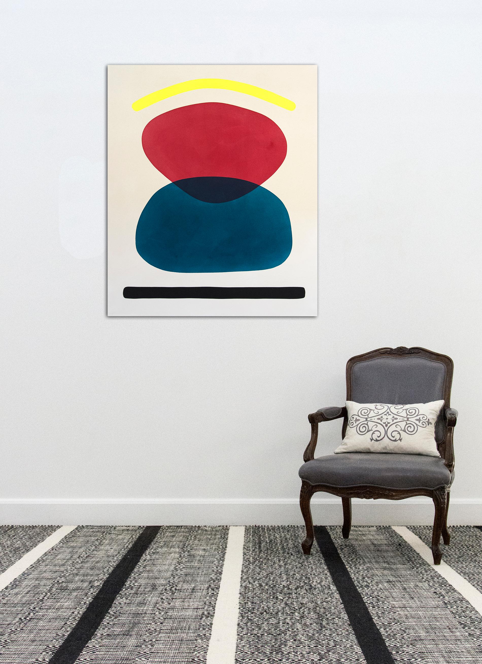 Two overlapping rounds of cerulean and poppy red are framed by thick lines of black and sun yellow in this bold painting by Aron Hill.

Hill obtained a BFA in Interdisciplinary Studies from the Alberta College of Art and Design and his MFA from